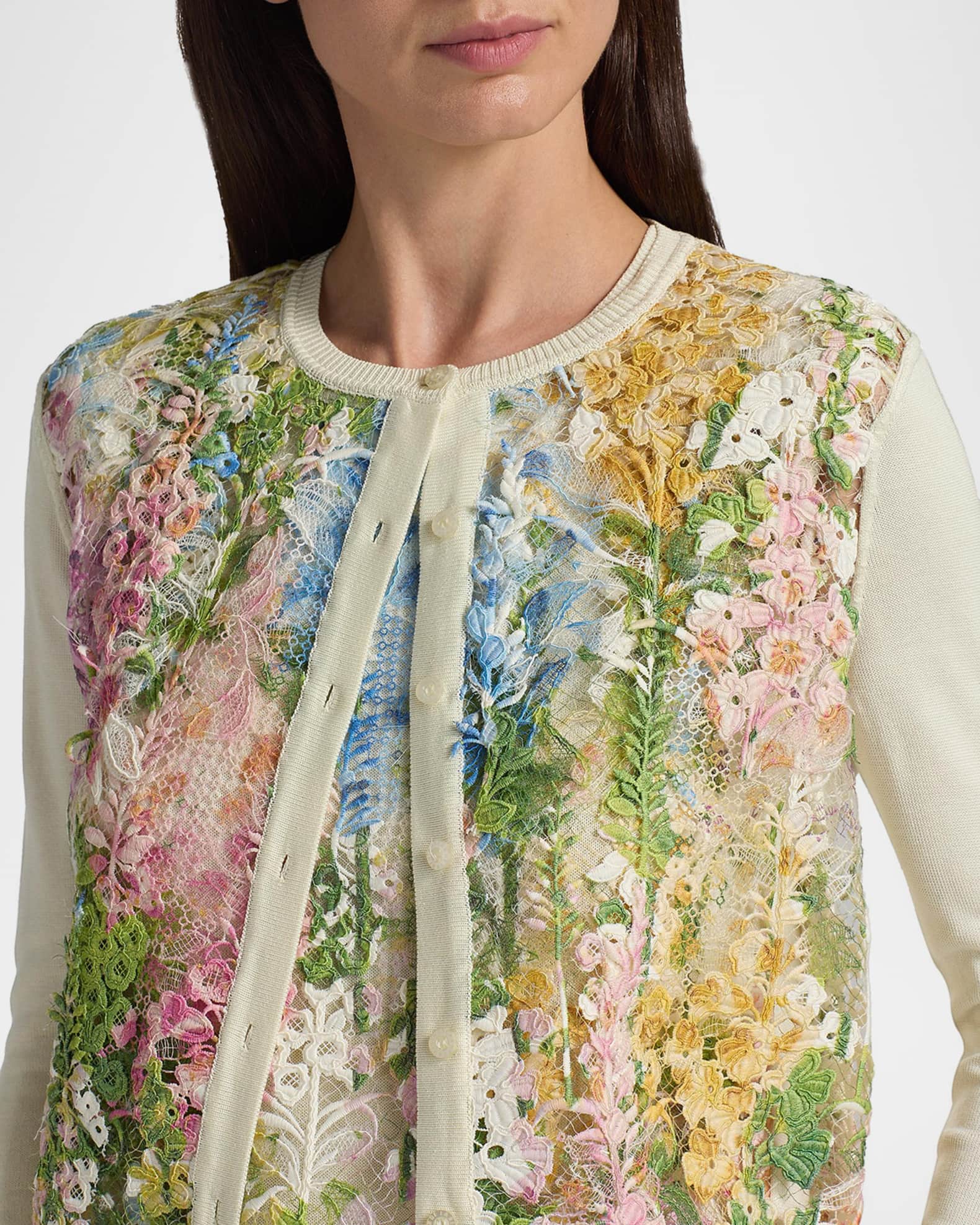 Oscar de la Renta Printed Foxgloves Lace Insert Cardigan | Neiman