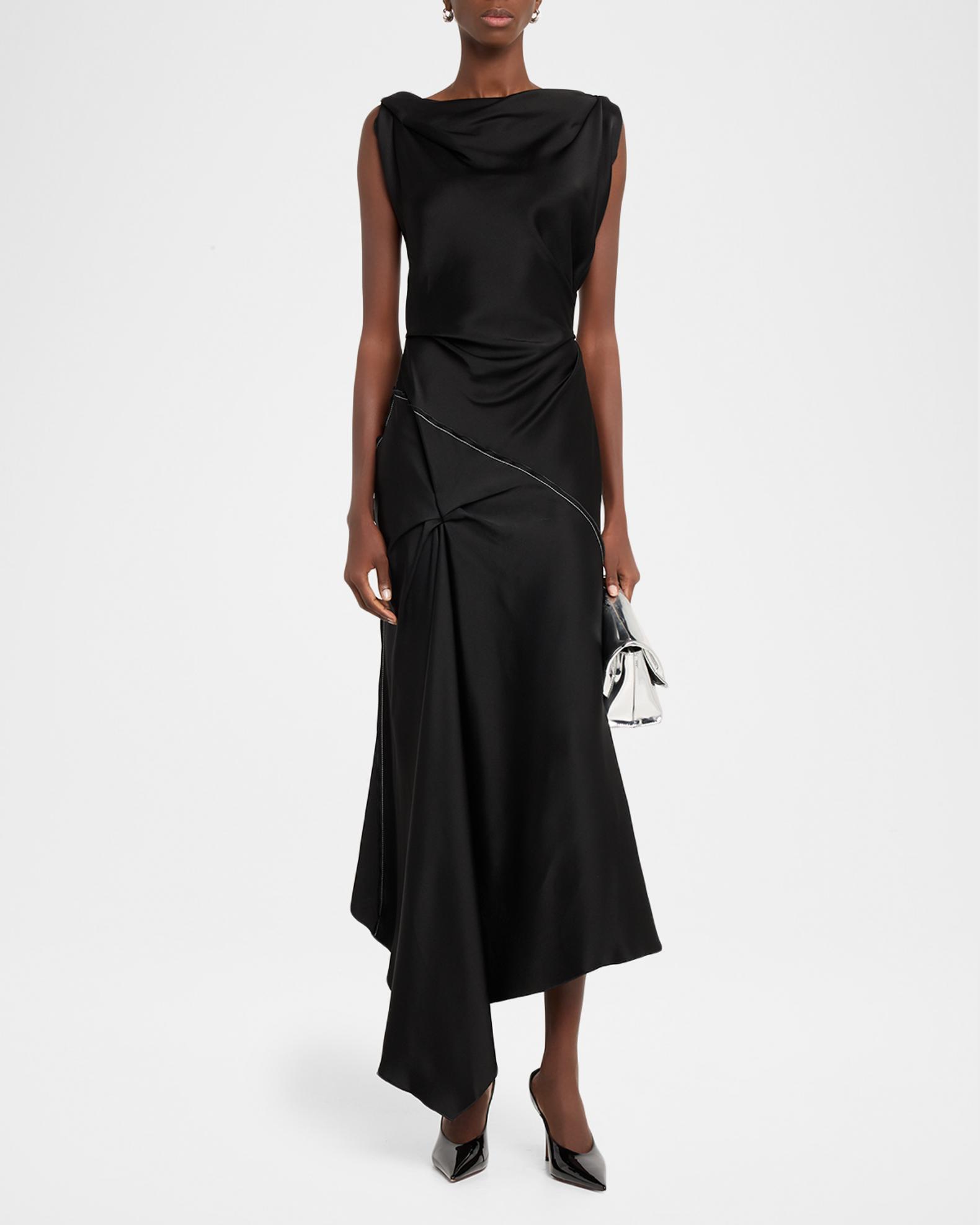 formal victoria beckham dresses Asymmetric Draped Sleeveless Satin Midi Dress, Black, Women's, 12 UK (8 US) Cocktail & Party Wedding Guest Satin & Silk victoria beckham outfits