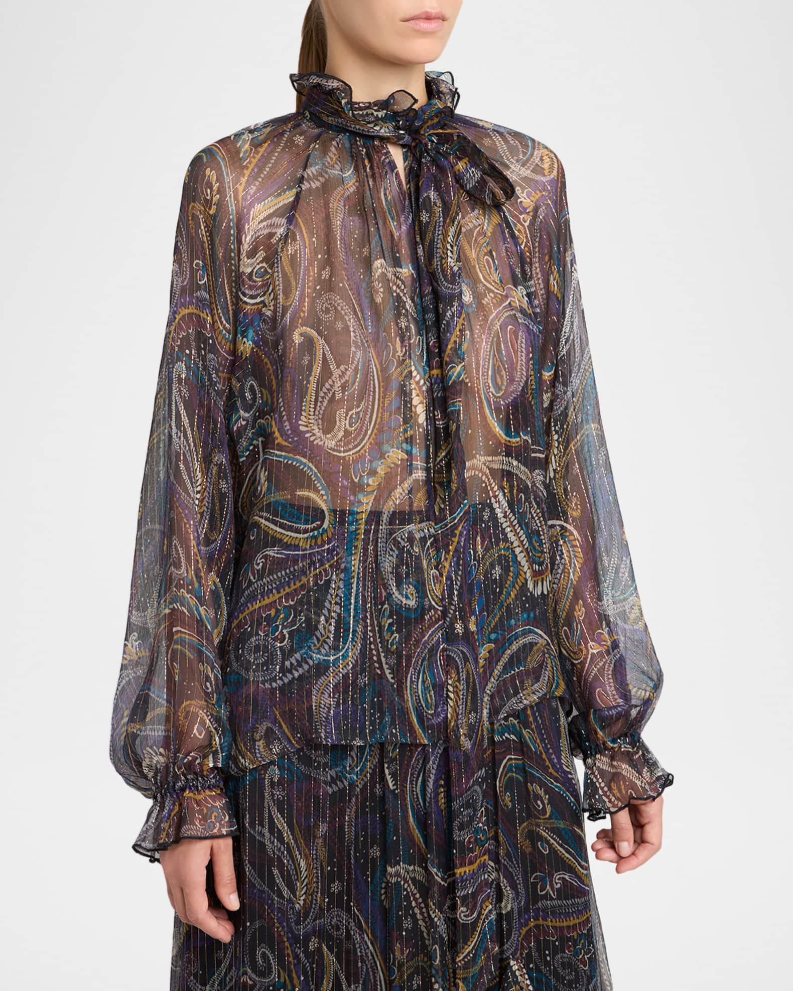 Etro Paisley Semi-Sheer Silk Blouse | Neiman Marcus