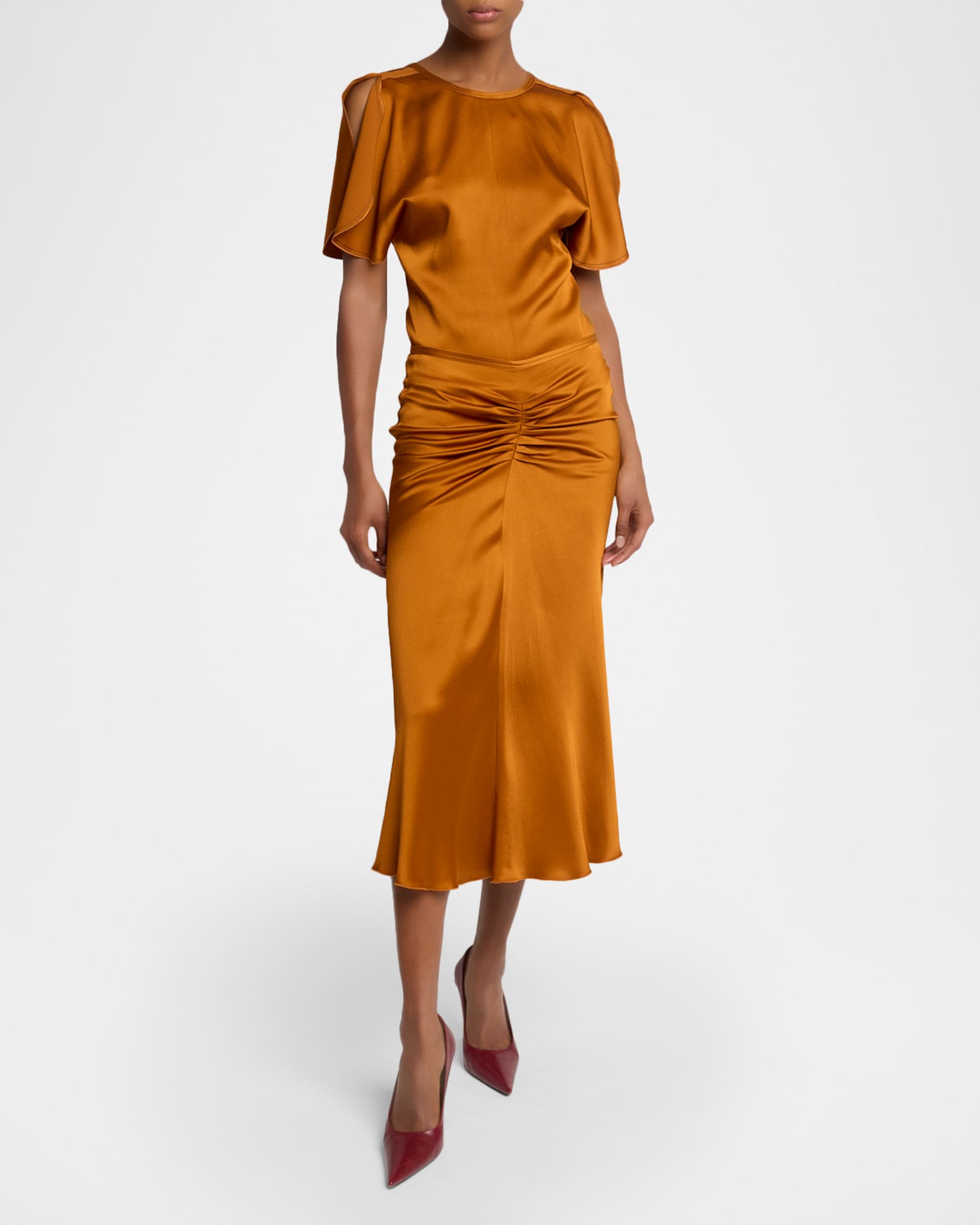 Victoria Beckham Gathered Waist Satin Midi Skirt | Neiman Marcus