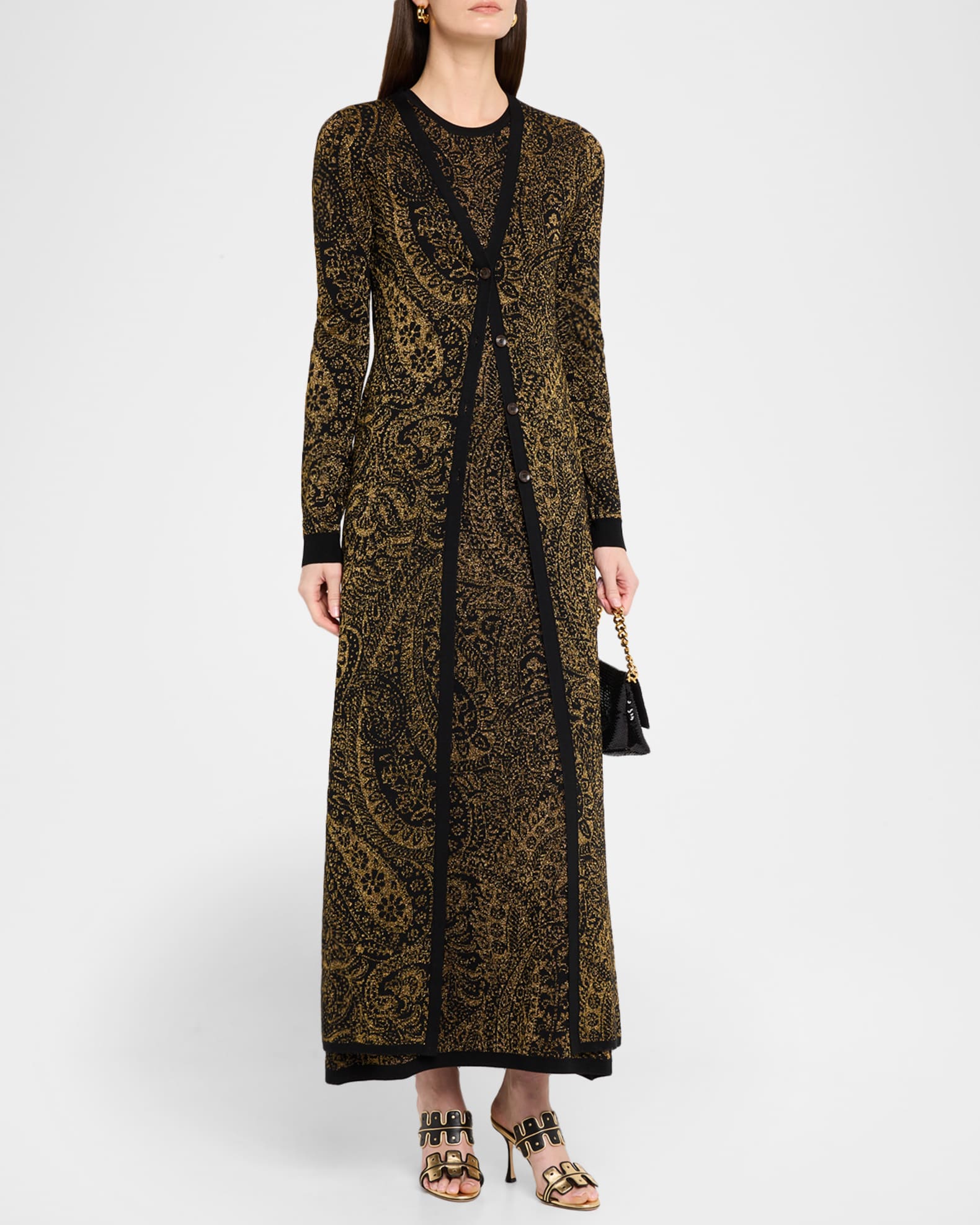 Etro Metallic Paisley Knit V-Neck Long Cardigan | Neiman Marcus