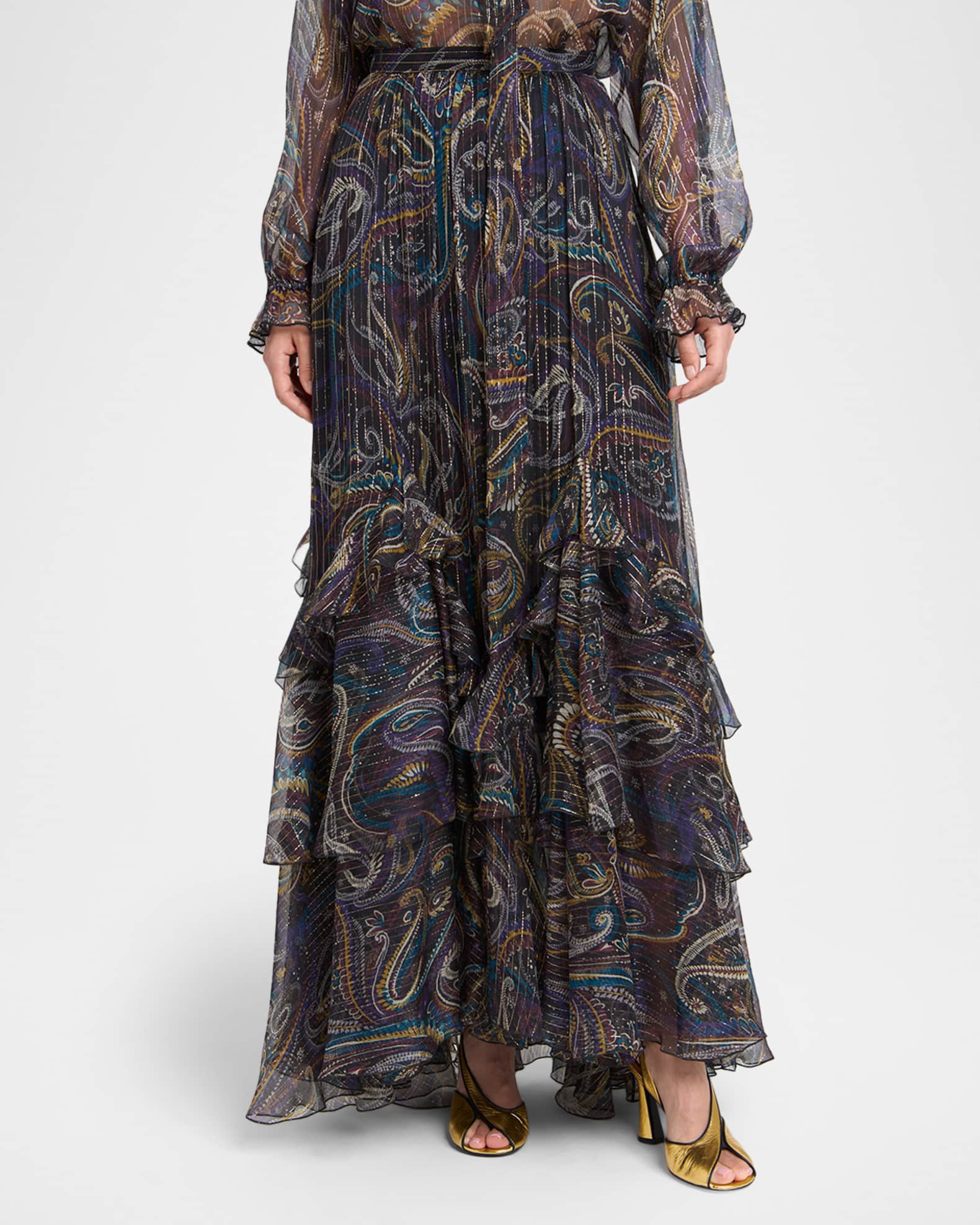 Etro Metallic Paisley Tiered Ruffle Maxi Skirt | Neiman Marcus