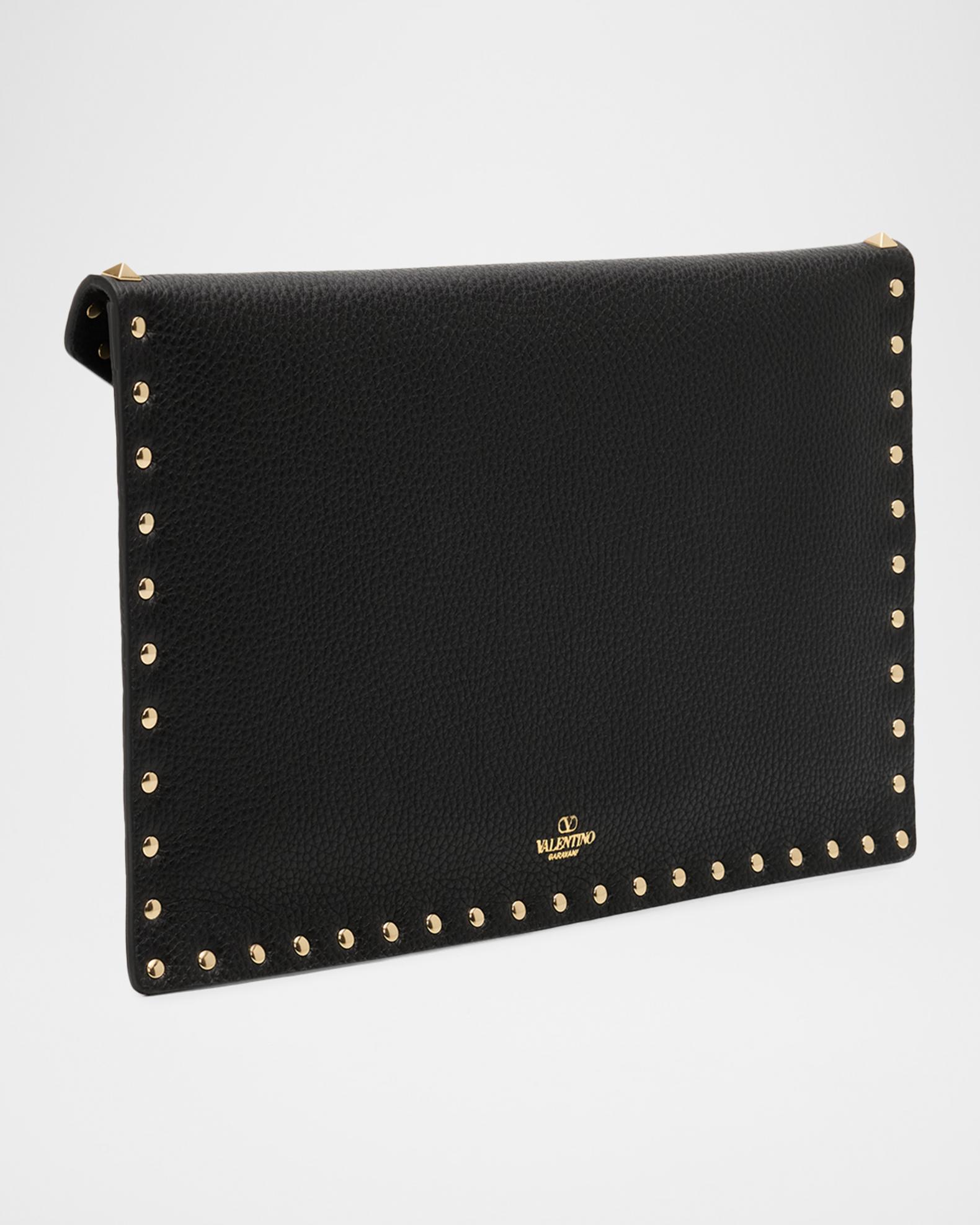 Valentino - Black Leather Gold Studded Trim Clutch Pouch Valentino Garavani Mini Rockstud Grain Leather Clutch Bag  main image 4