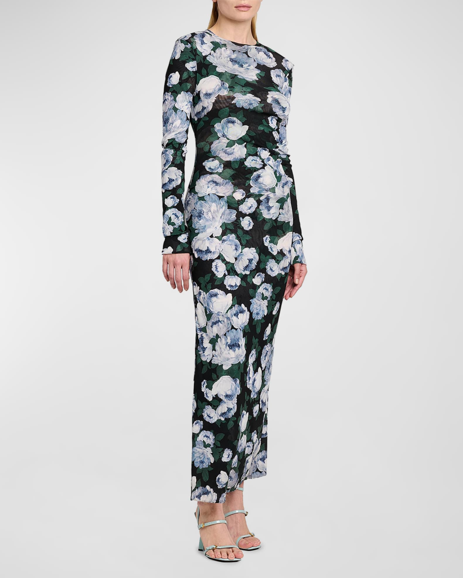 Stella McCartney Bunch Of Roses Mesh Long-Sleeve Maxi Dress