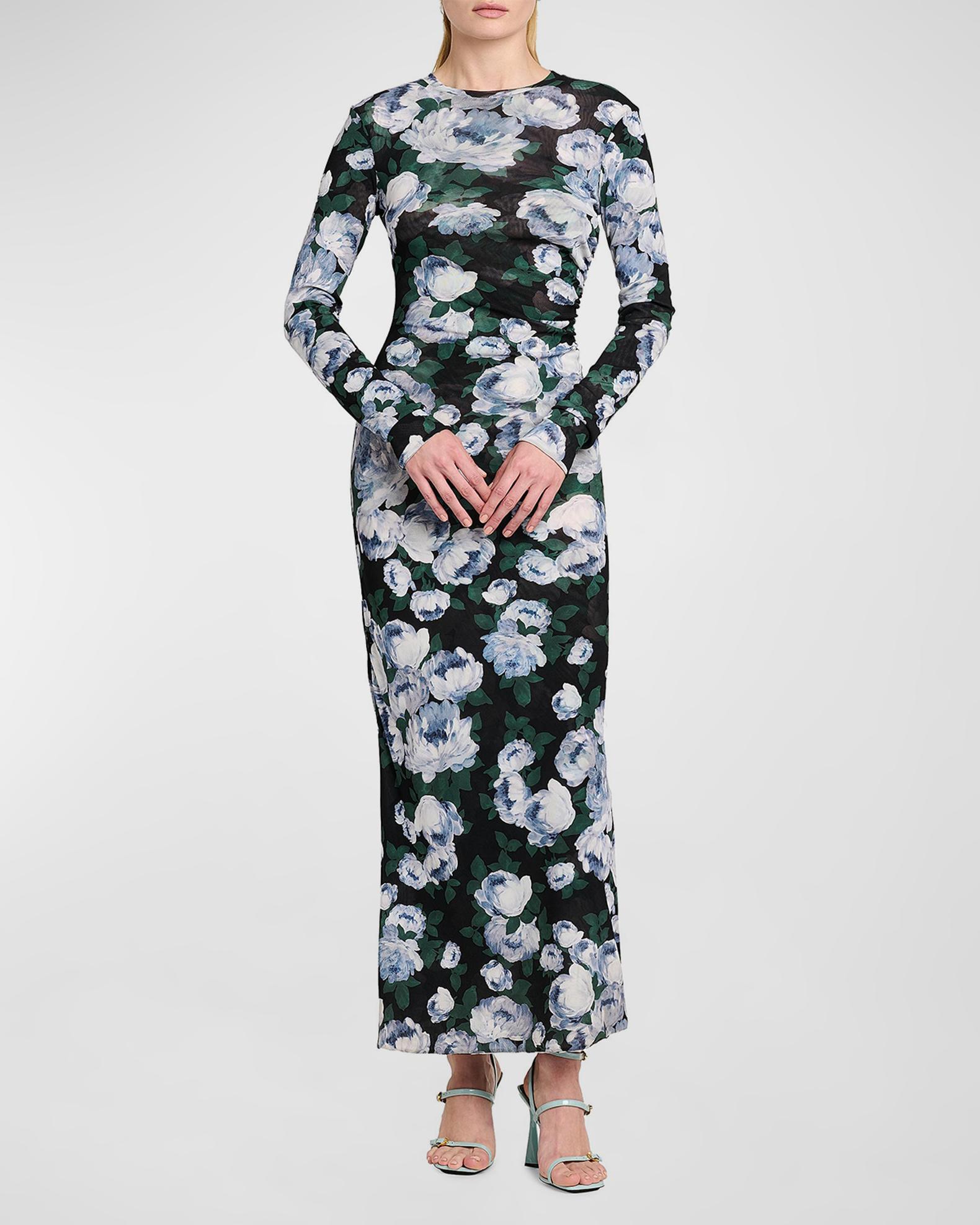 Stella McCartney Bunch Of Roses Mesh Long-Sleeve Maxi Dress | Neiman Marcus