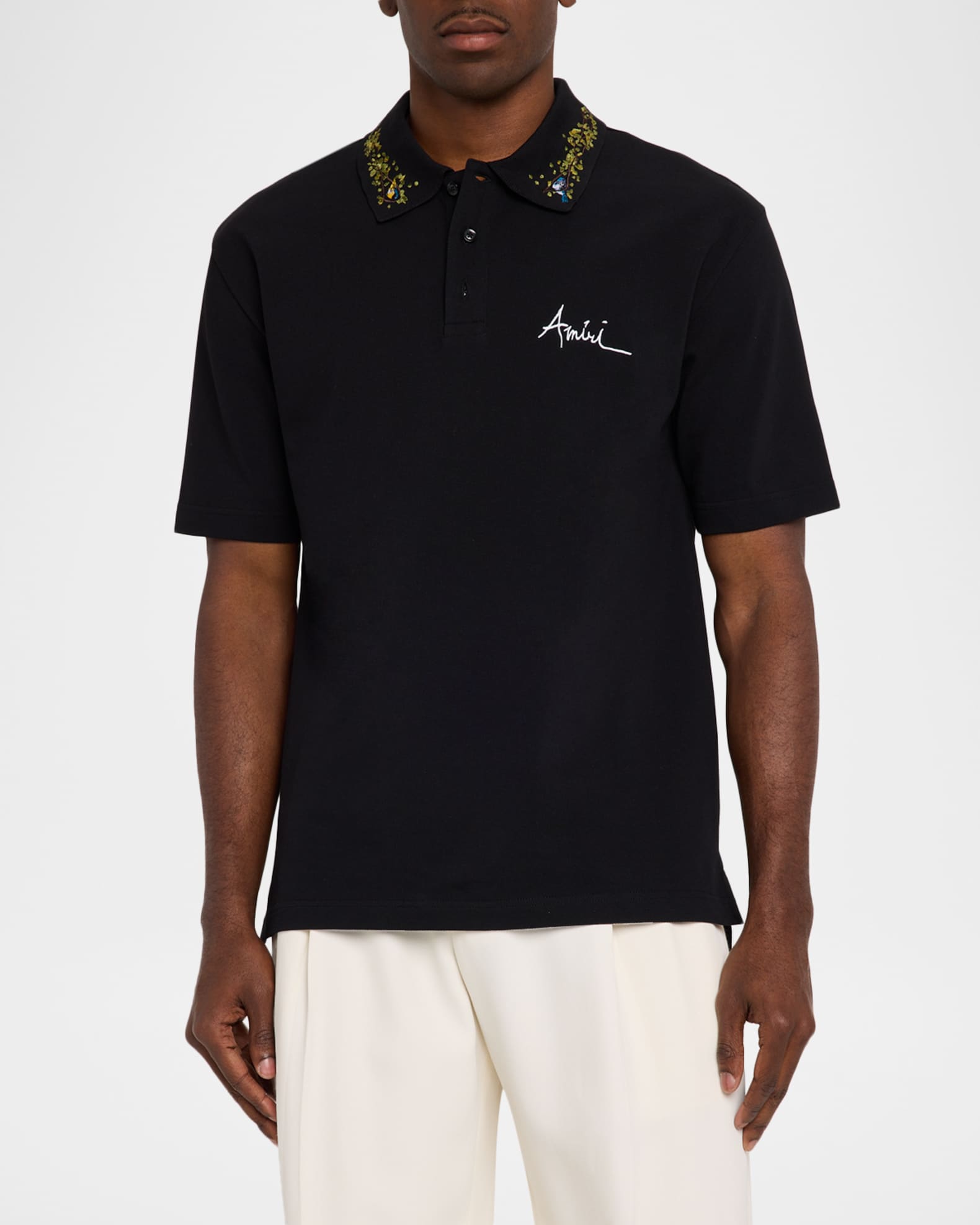 Amiri Men's Embroidered Floral-Collar Cotton Polo Shirt | Neiman