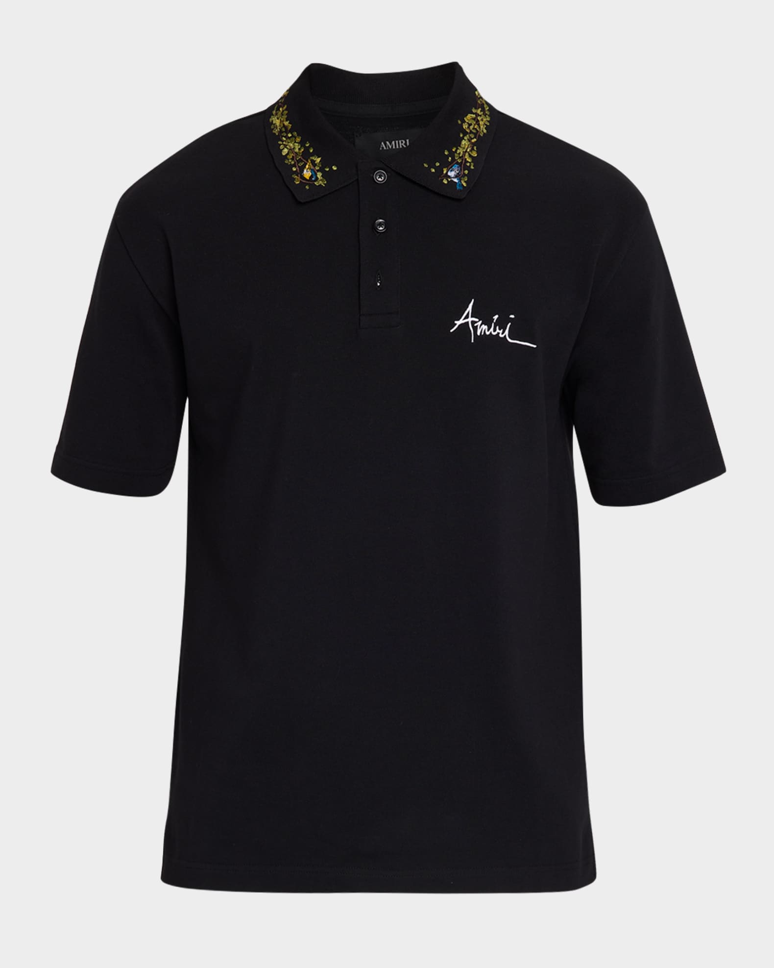 Amiri Men's Embroidered Floral-Collar Cotton Polo Shirt | Neiman