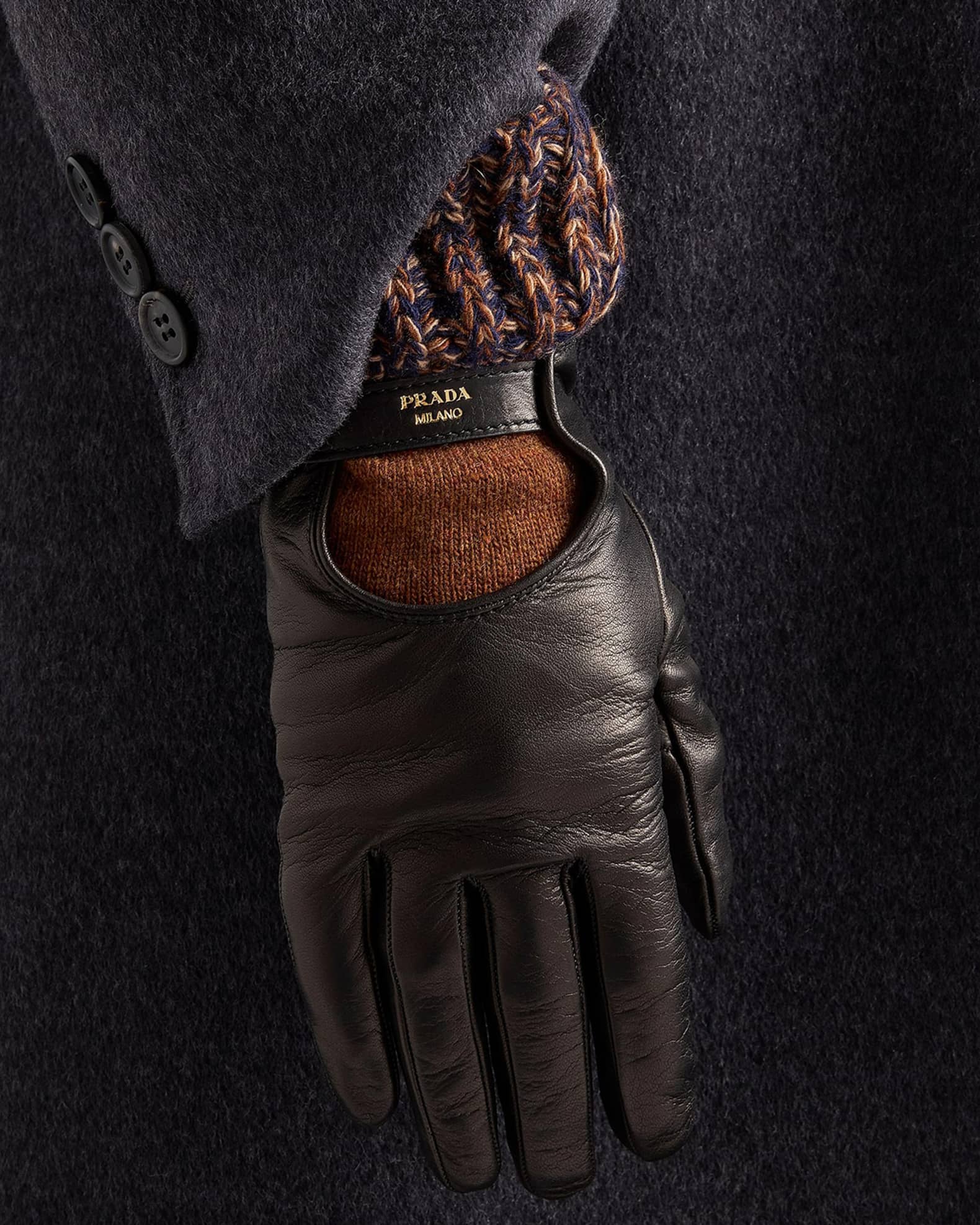 Prada Nappa Leather And Melange Knit Gloves | Neiman Marcus