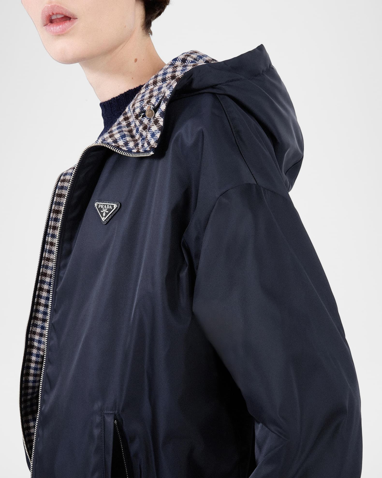 Prada Reversible Re-Nylon Check Zip Hooded Jacket | Neiman Marcus