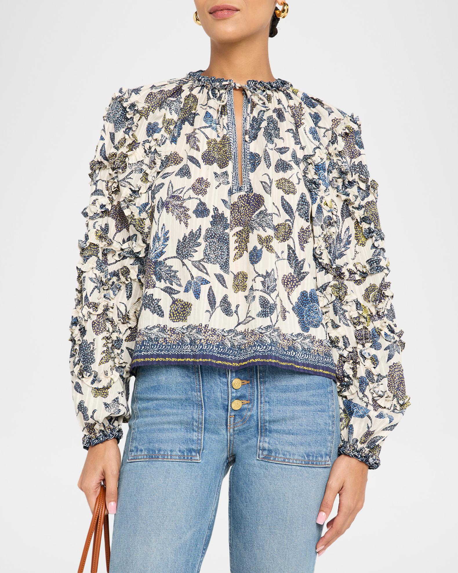 Ulla Johnson Azrou Floral Long-Sleeve Ruffle Blouse | Neiman Marcus