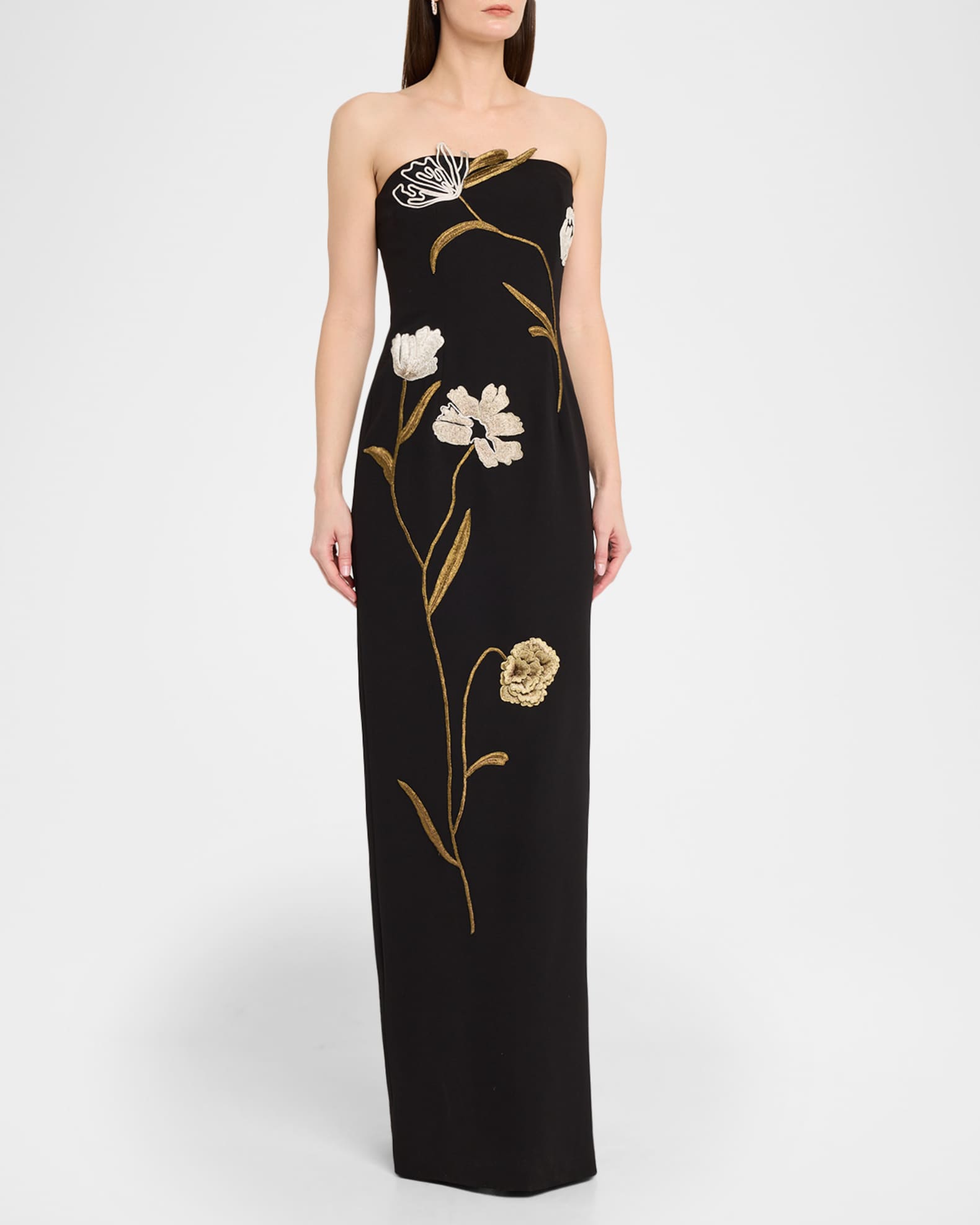Lela Rose Floral Cord Embroidered Strapless Column Gown | Neiman Marcus