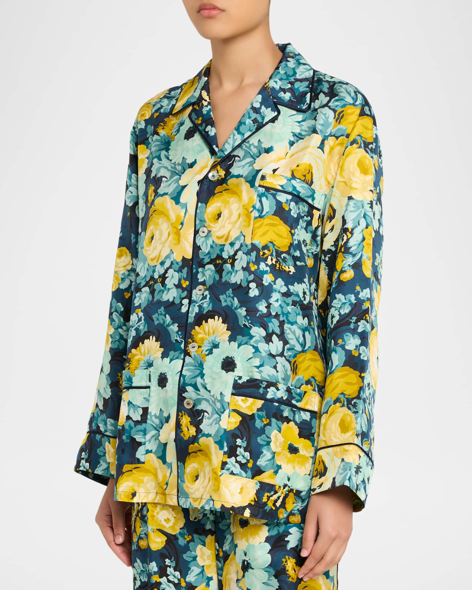 Olivia von Halle Yves Floral-Print Silk Twill Pajama Set | Neiman