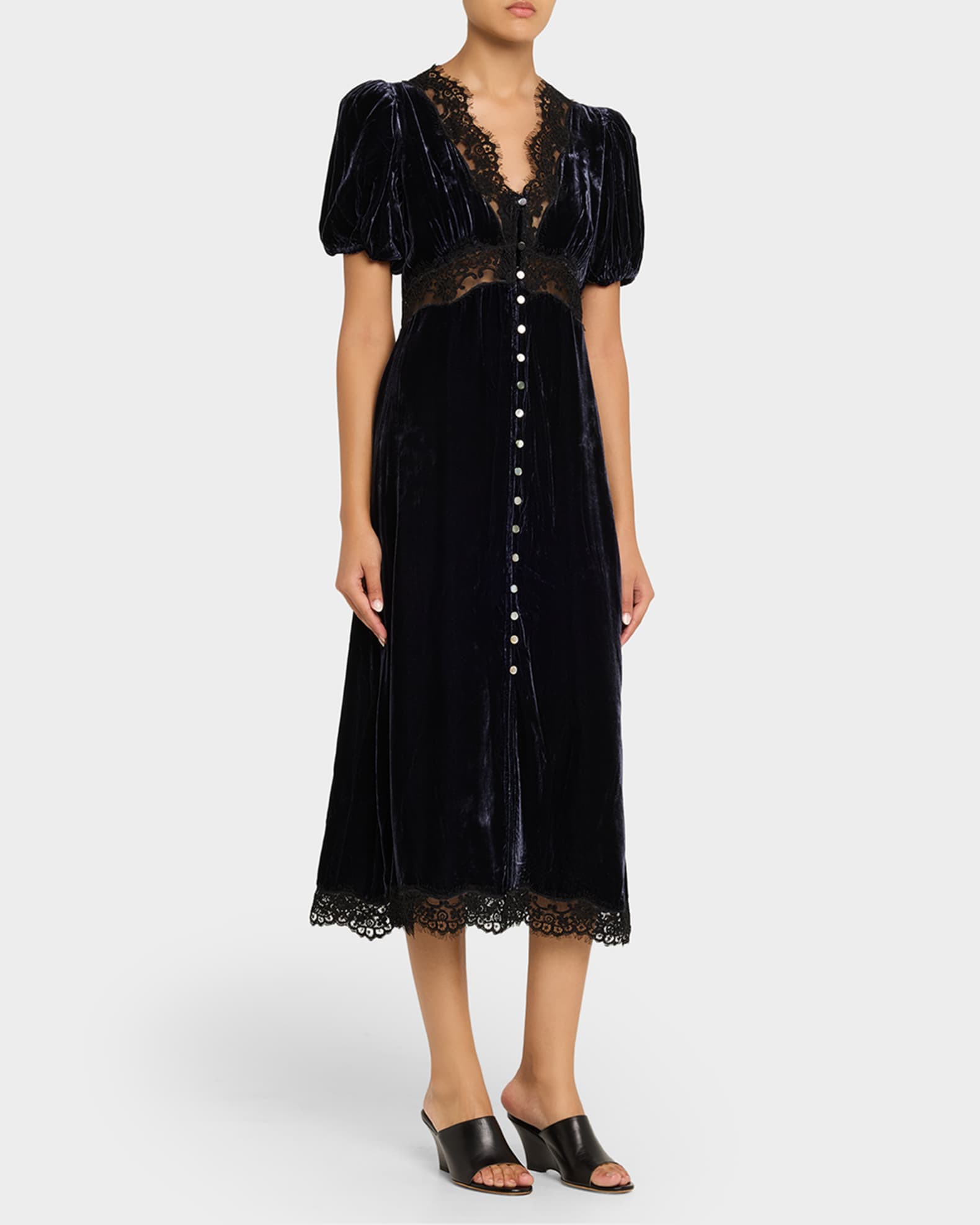 Sea Clarice Lace-Trim Velvet Midi Dress | Neiman Marcus