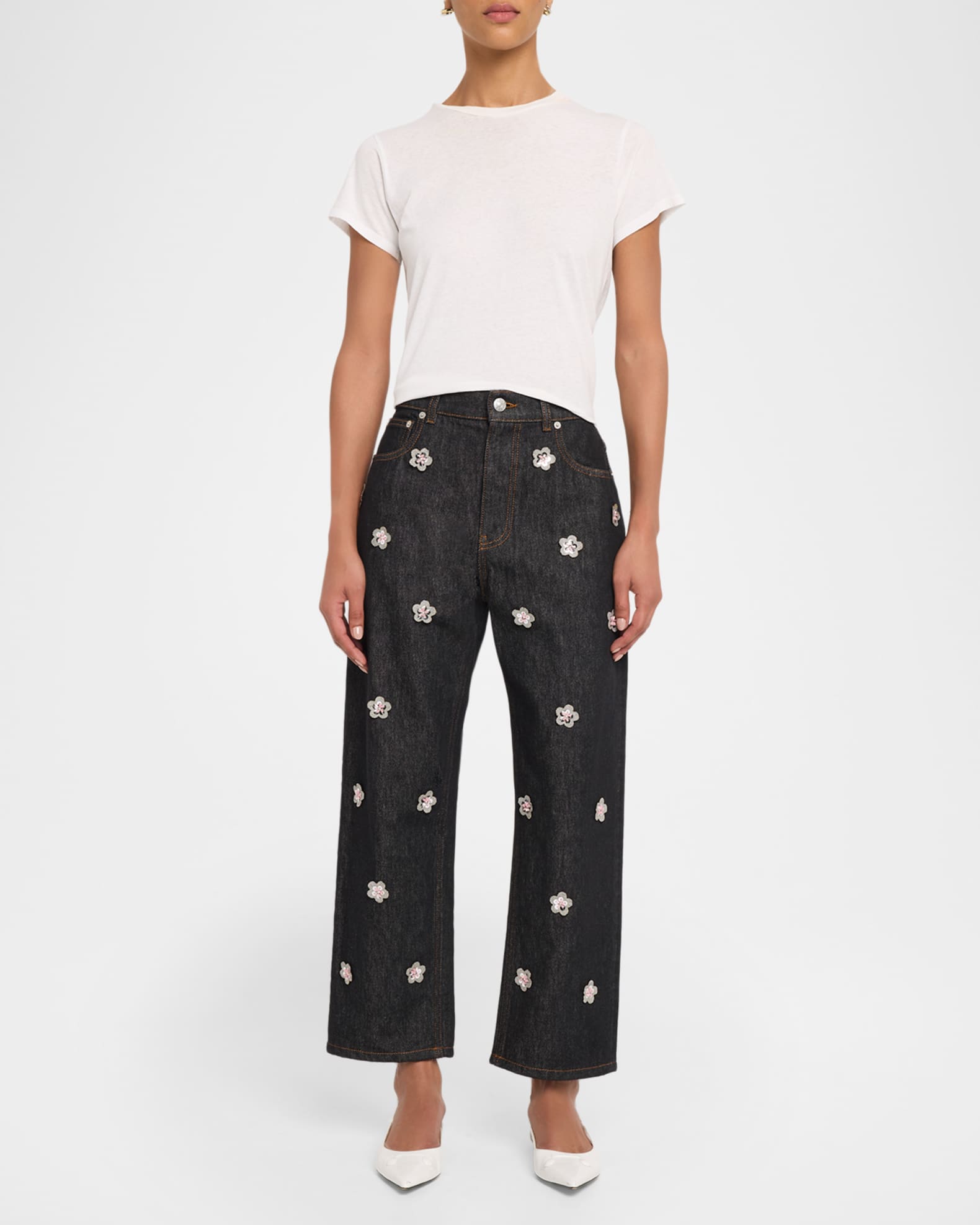 Marni Flower Embroidered Denim Relaxed-Leg Ankle Carrot Trousers