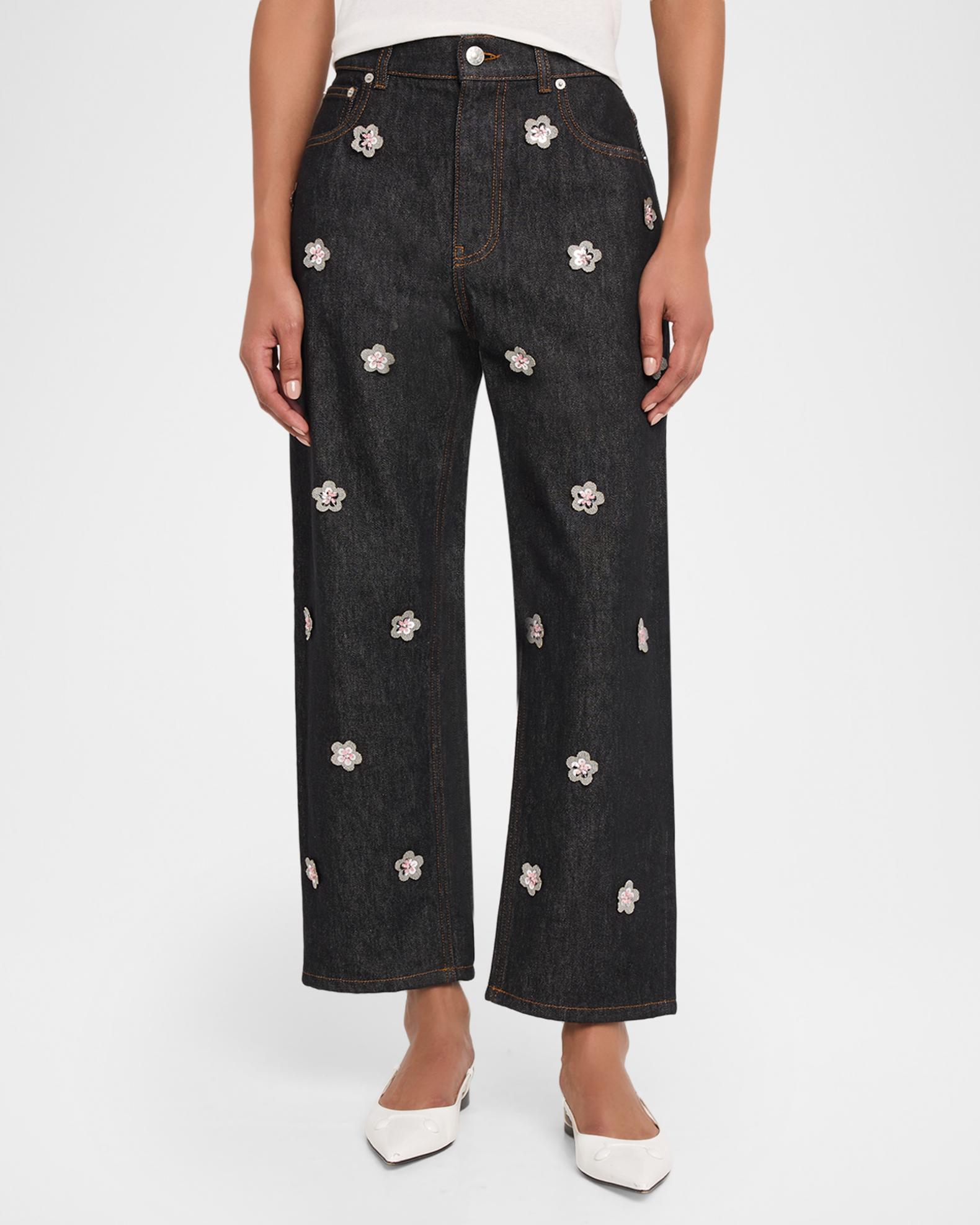 Marni Flower Embroidered Denim Relaxed-Leg Ankle Carrot Trousers 