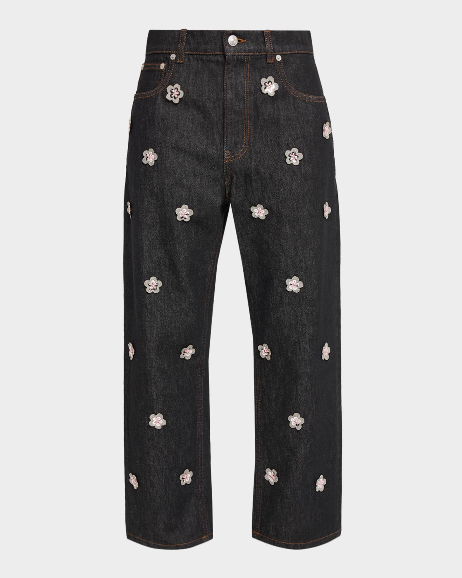 Marni Flower Embroidered Denim Relaxed-Leg Ankle Carrot Trousers