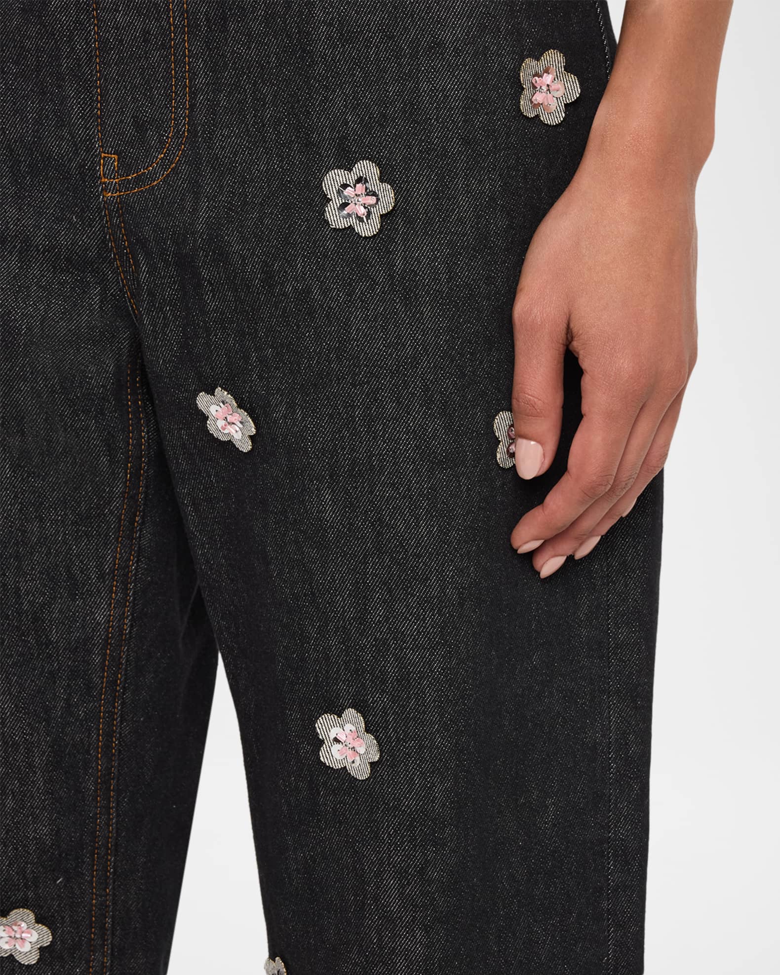 Marni Flower Embroidered Denim Relaxed-Leg Ankle Carrot Trousers