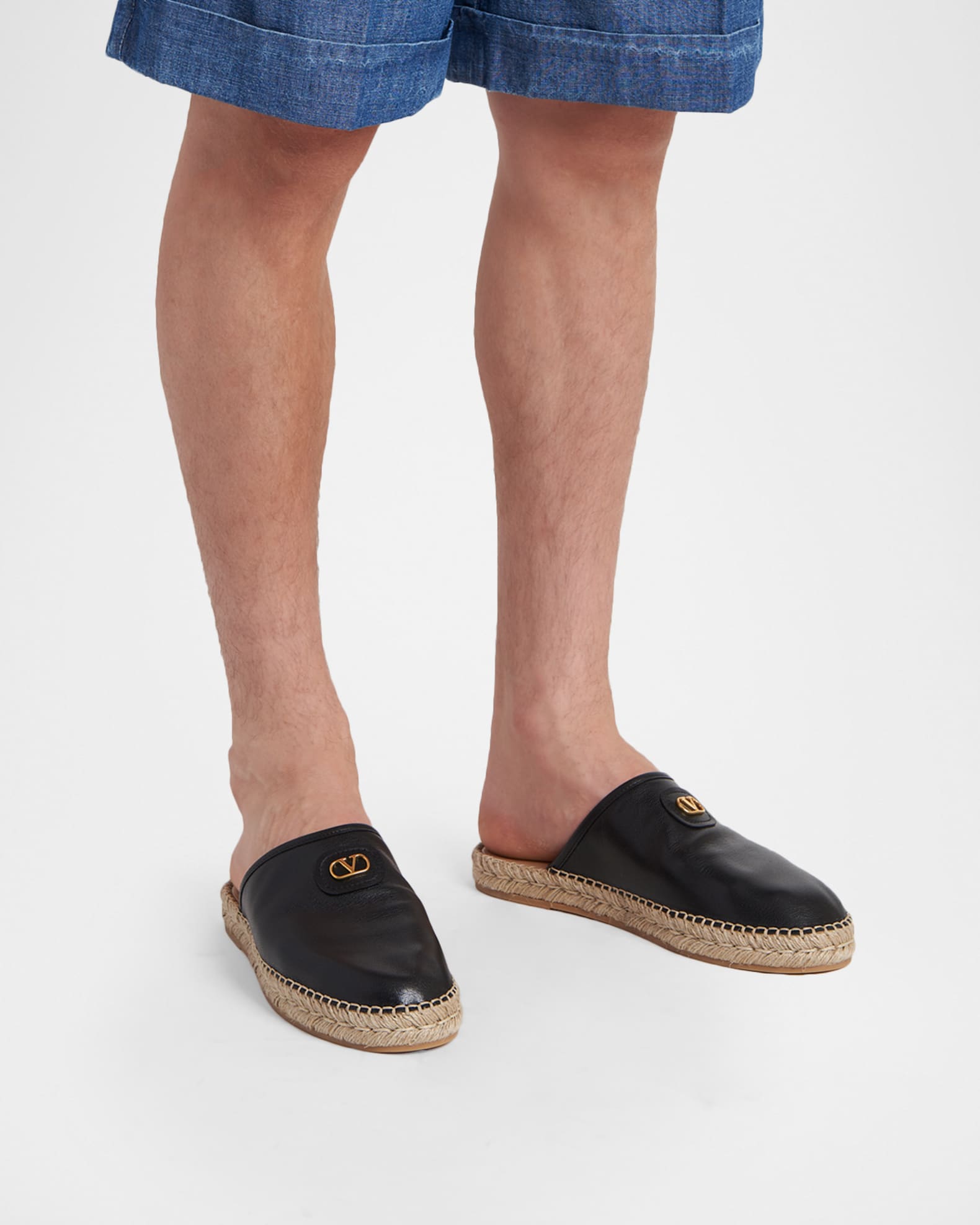 Valentino Garavani Men's Leather Espadrille Mule Slides | Neiman