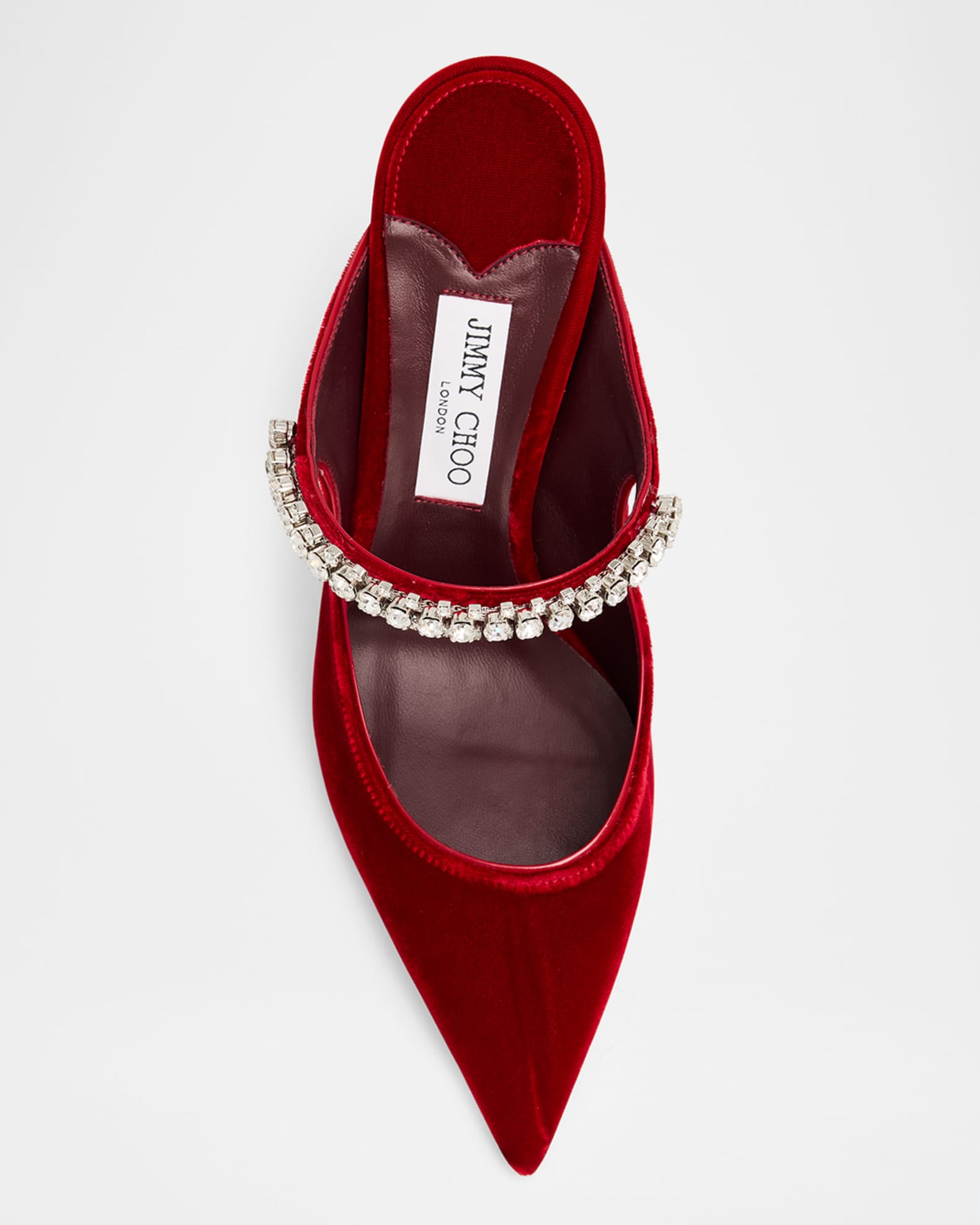 JIMMY CHOO｜Bing 100mm ビジュートリムミュール（ボルドー） Jimmy Choo 100mm Bing Embellished Velvet Mule Pumps | Neiman Marcus