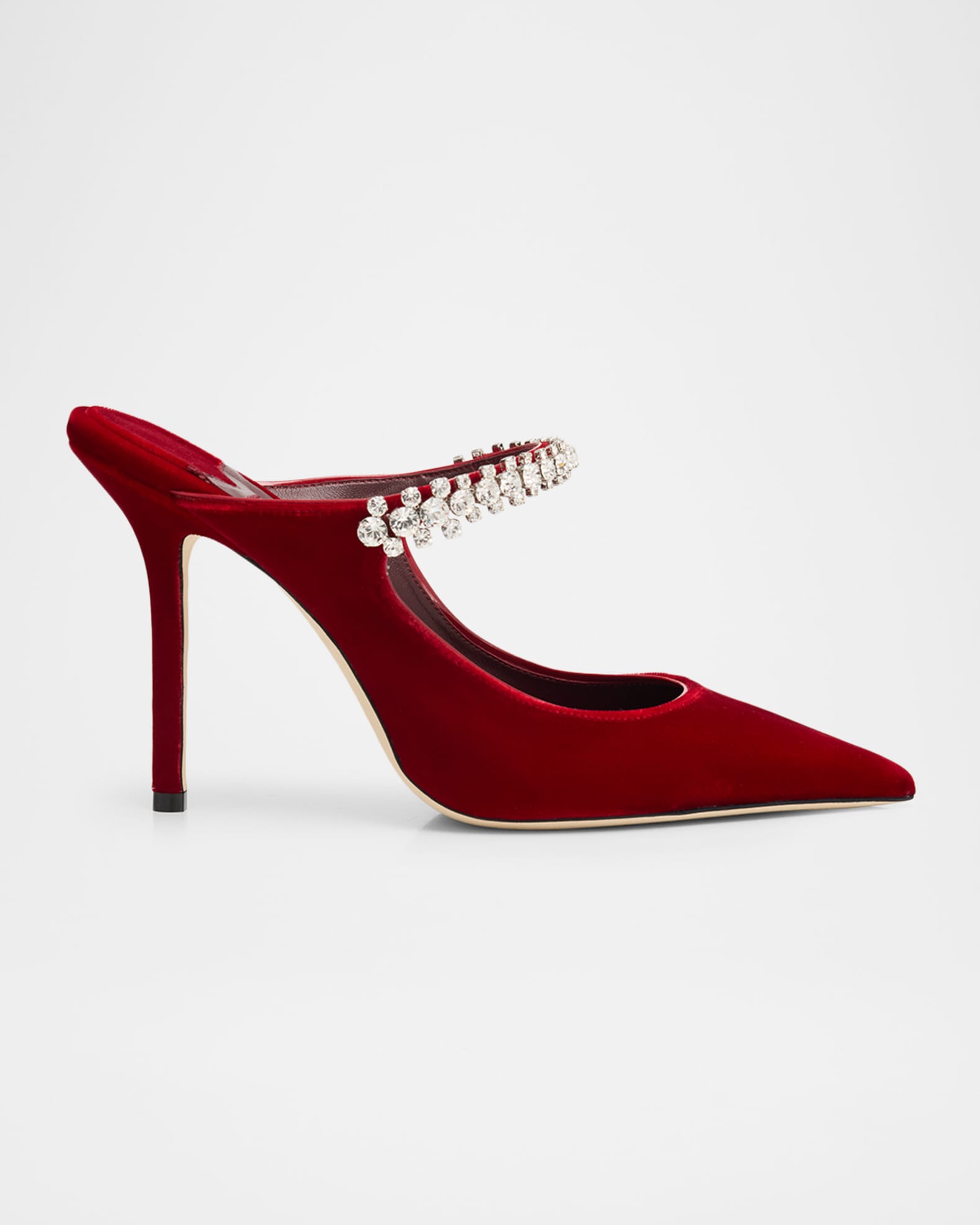 JIMMY CHOO｜Bing 100mm ビジュートリムミュール（ボルドー） Jimmy Choo 100mm Bing Embellished Velvet Mule Pumps | Neiman Marcus