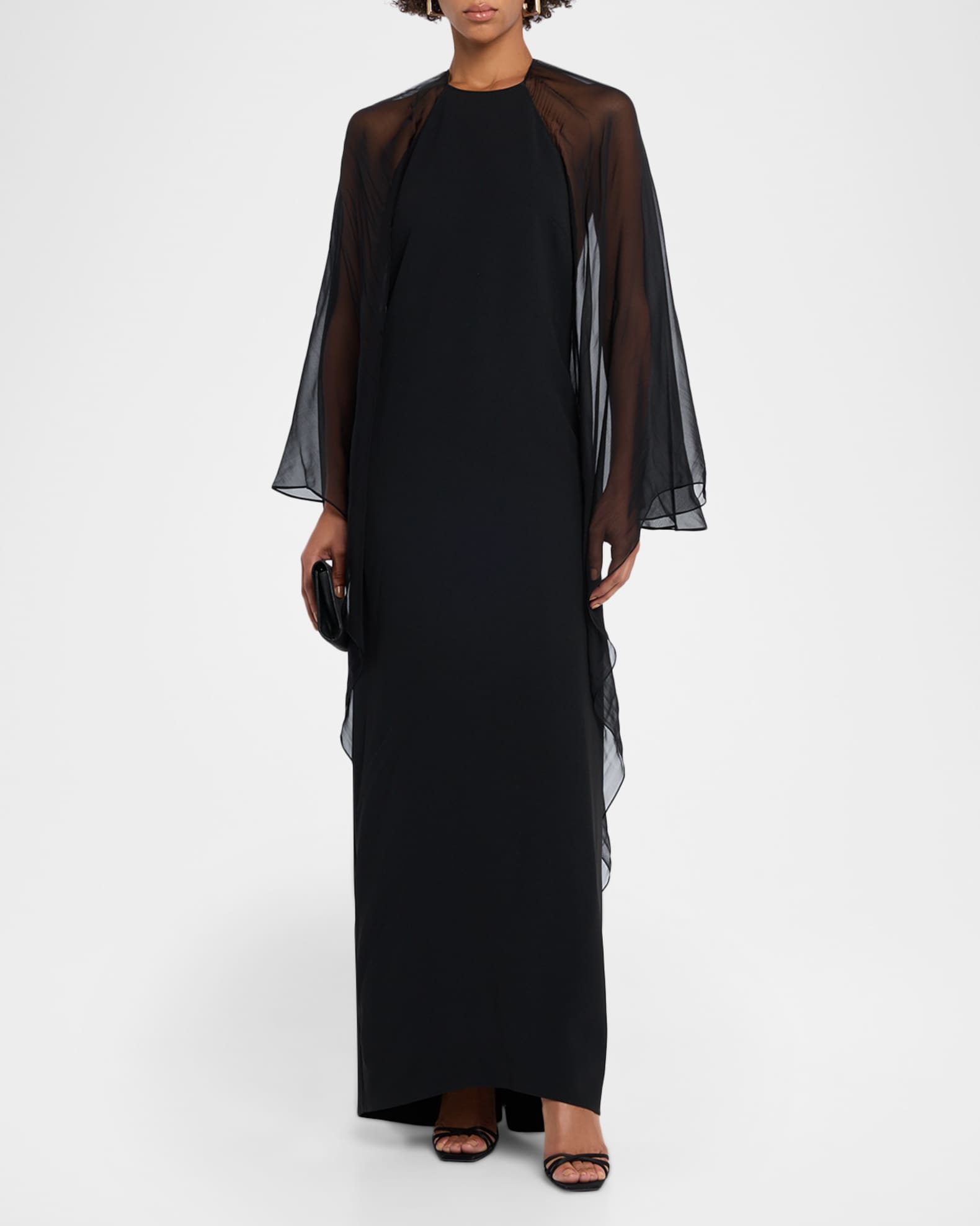 Alberta Ferretti Long-Sleeve Chiffon Cape Backless Maxi Dress