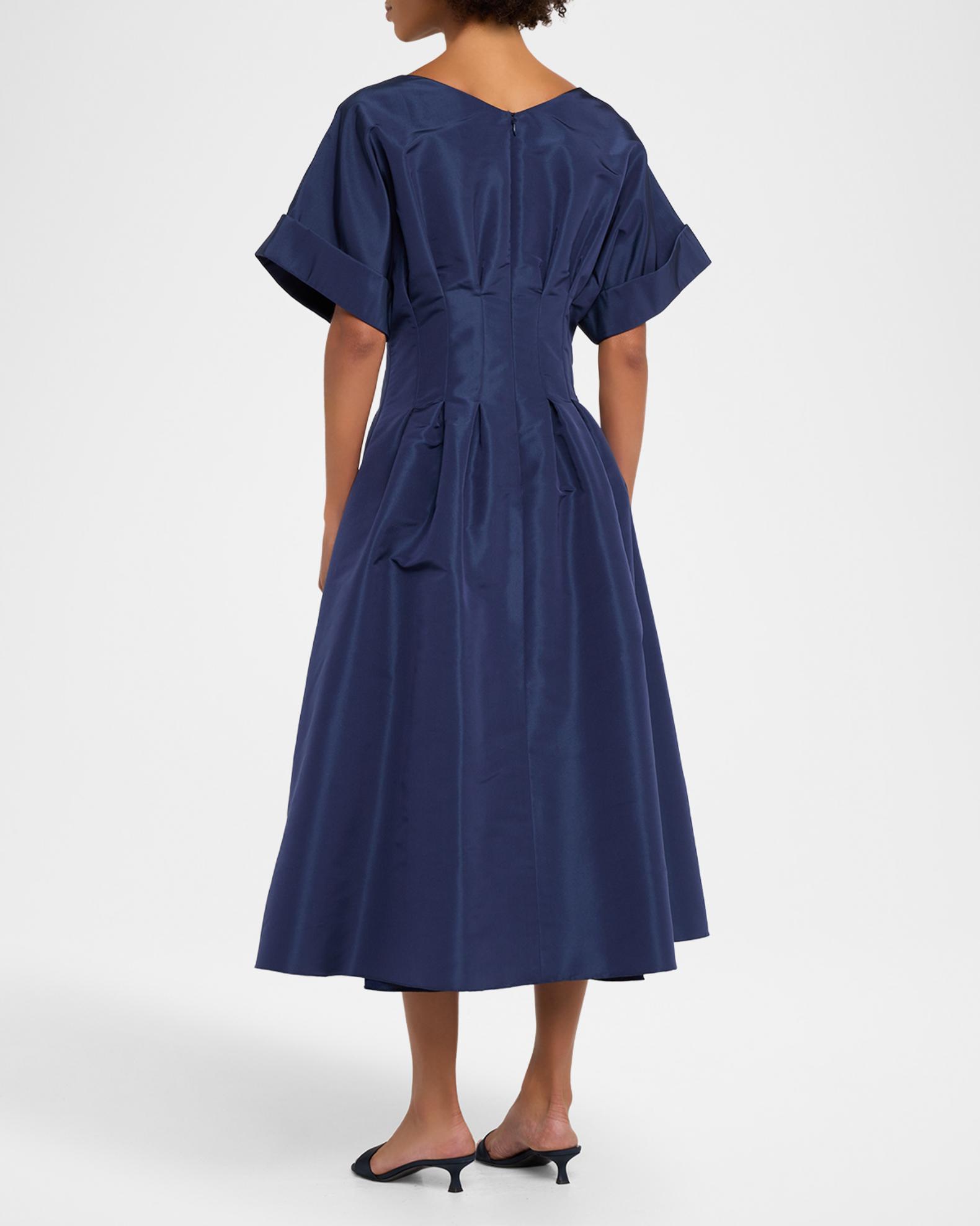 Carolina Herrera V-Neck Pleated Short-Sleeve Midi Dress | Neiman