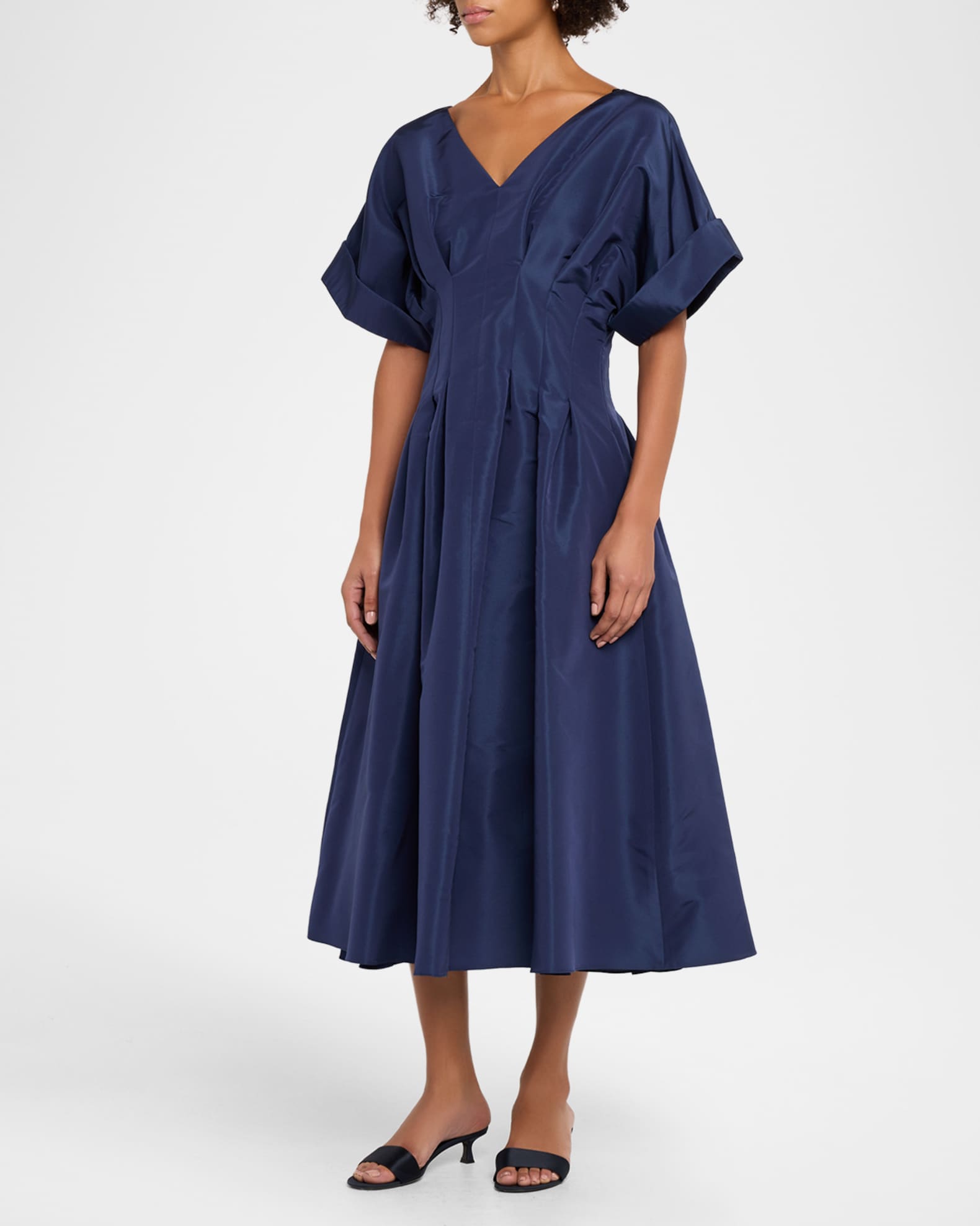 Carolina Herrera V-Neck Pleated Short-Sleeve Midi Dress | Neiman Marcus