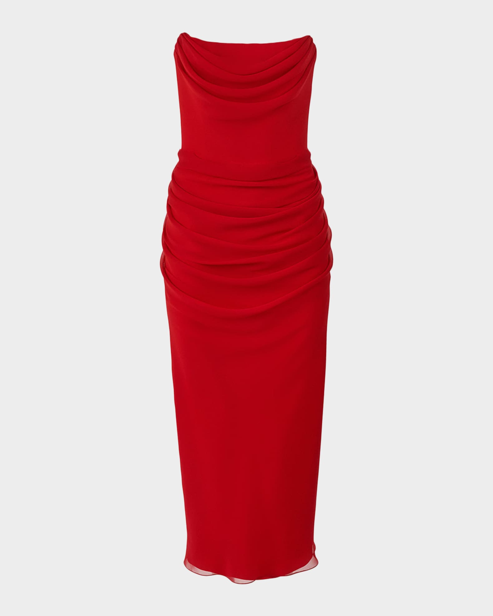 strapless open back dress Stretch Satin Corset Back Midi Dress in Matador Red
