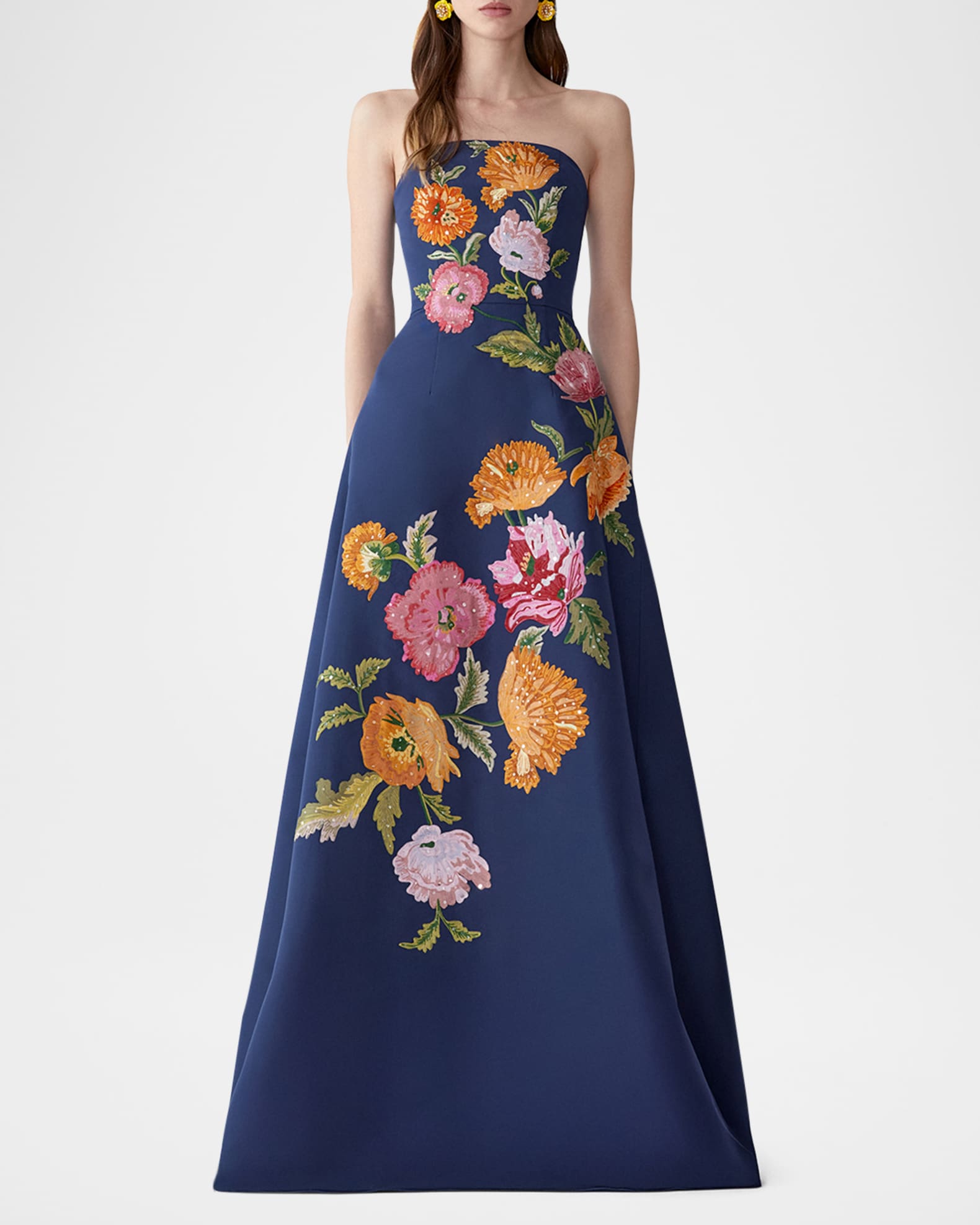 Carolina Herrera Strapless Floral Embroidered A-Line Gown | Neiman Marcus
