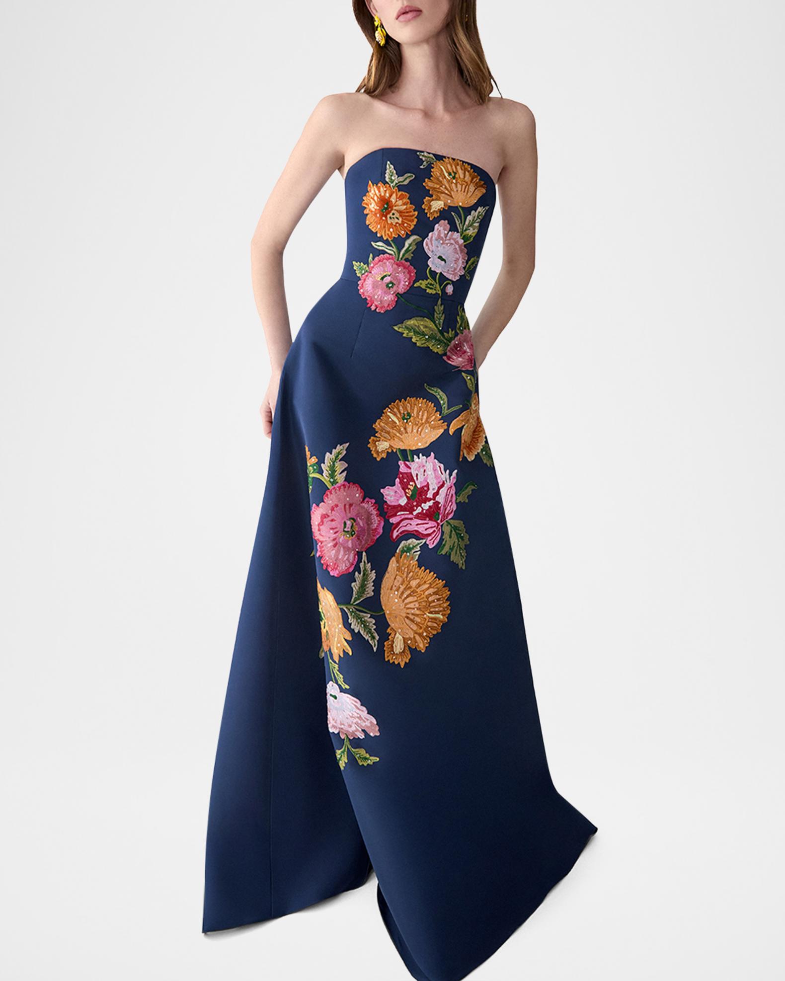 carolina herrera a-line dress Carolina Herrera Women's Chrysanthemum-Print Strapless A-Line Gown - Black Multi