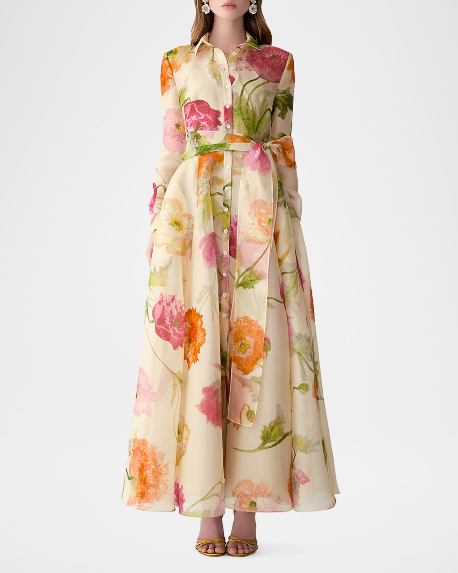 Carolina Herrera Floral Silk Organza Belted Long-Sleeve Maxi Trench Dress |  Neiman Marcus