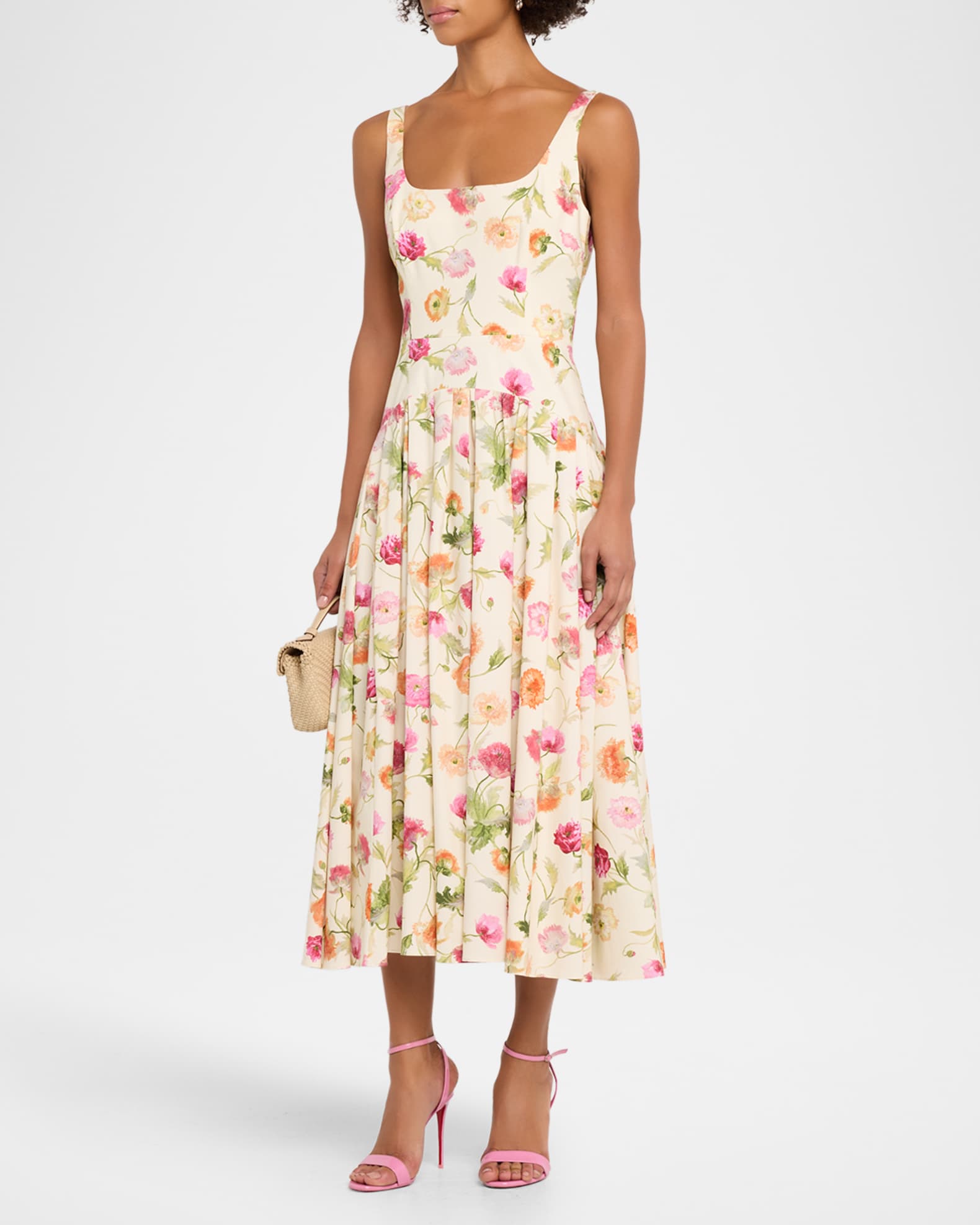 Carolina Herrera Scoop Neck Drop Waist Midi Dress - Almond Multi - 10