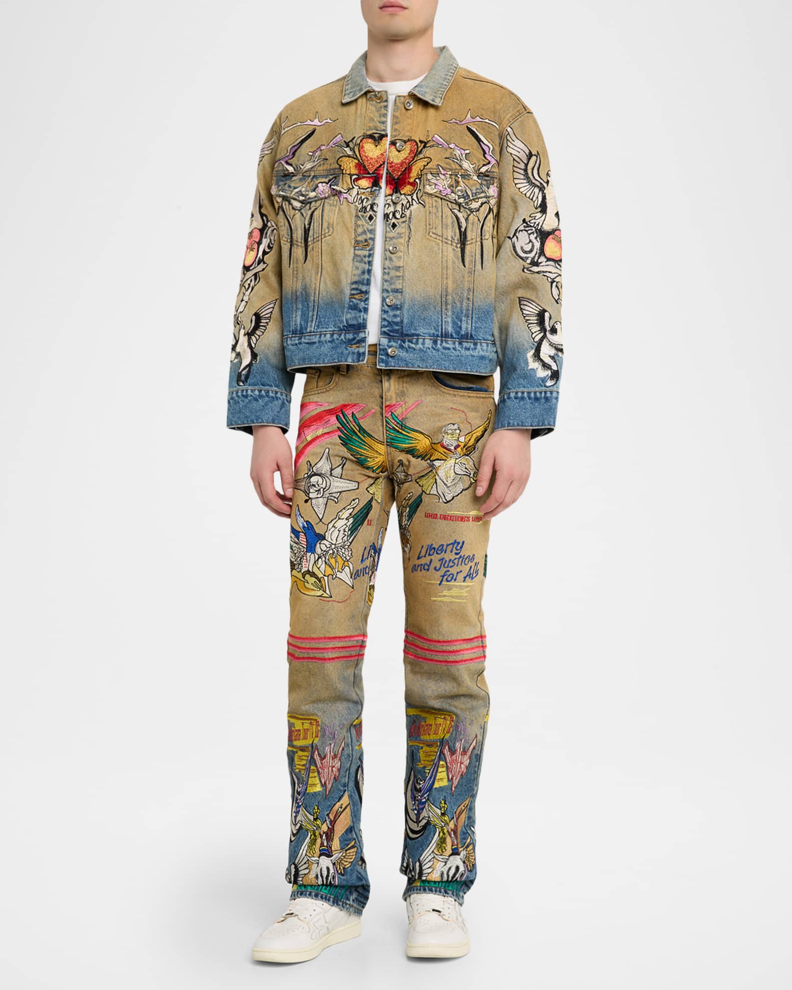 WHO DECIDES WAR Men's Dove Embroidered Denim Trucker Jacket