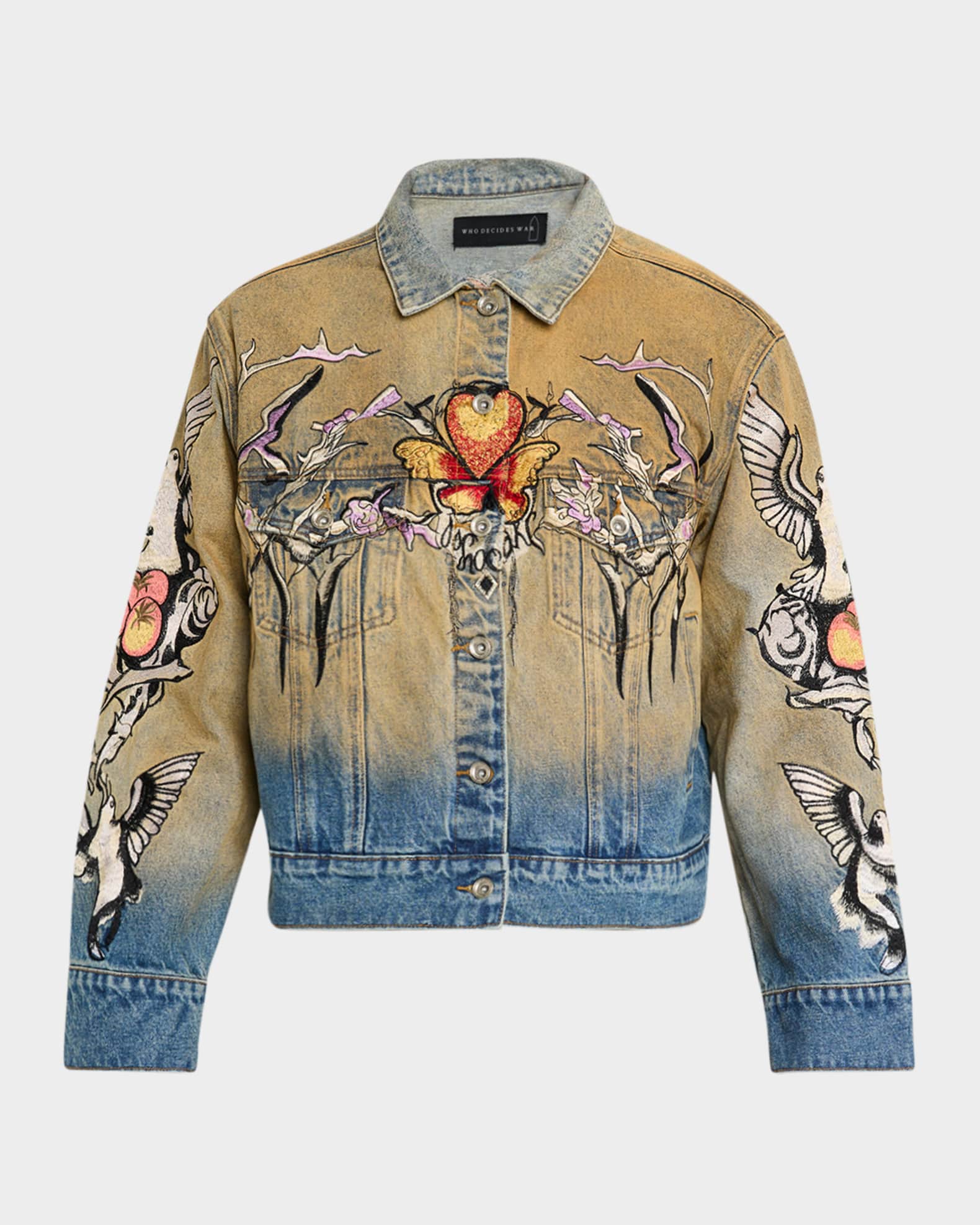 WHO DECIDES WAR Men's Dove Embroidered Denim Trucker Jacket