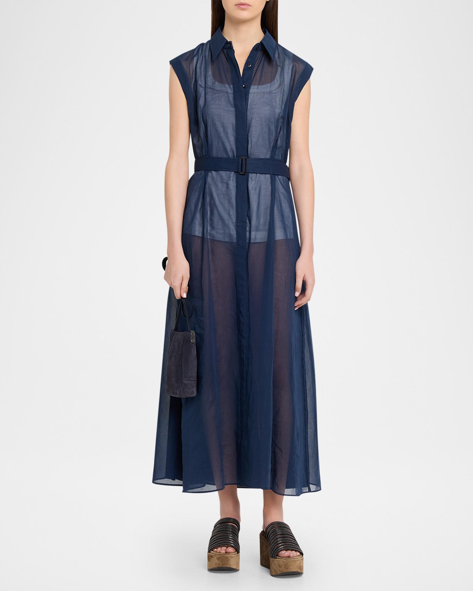 Brunello Cucinelli Sleeveless Sheer Cotton Organza Belted Midi