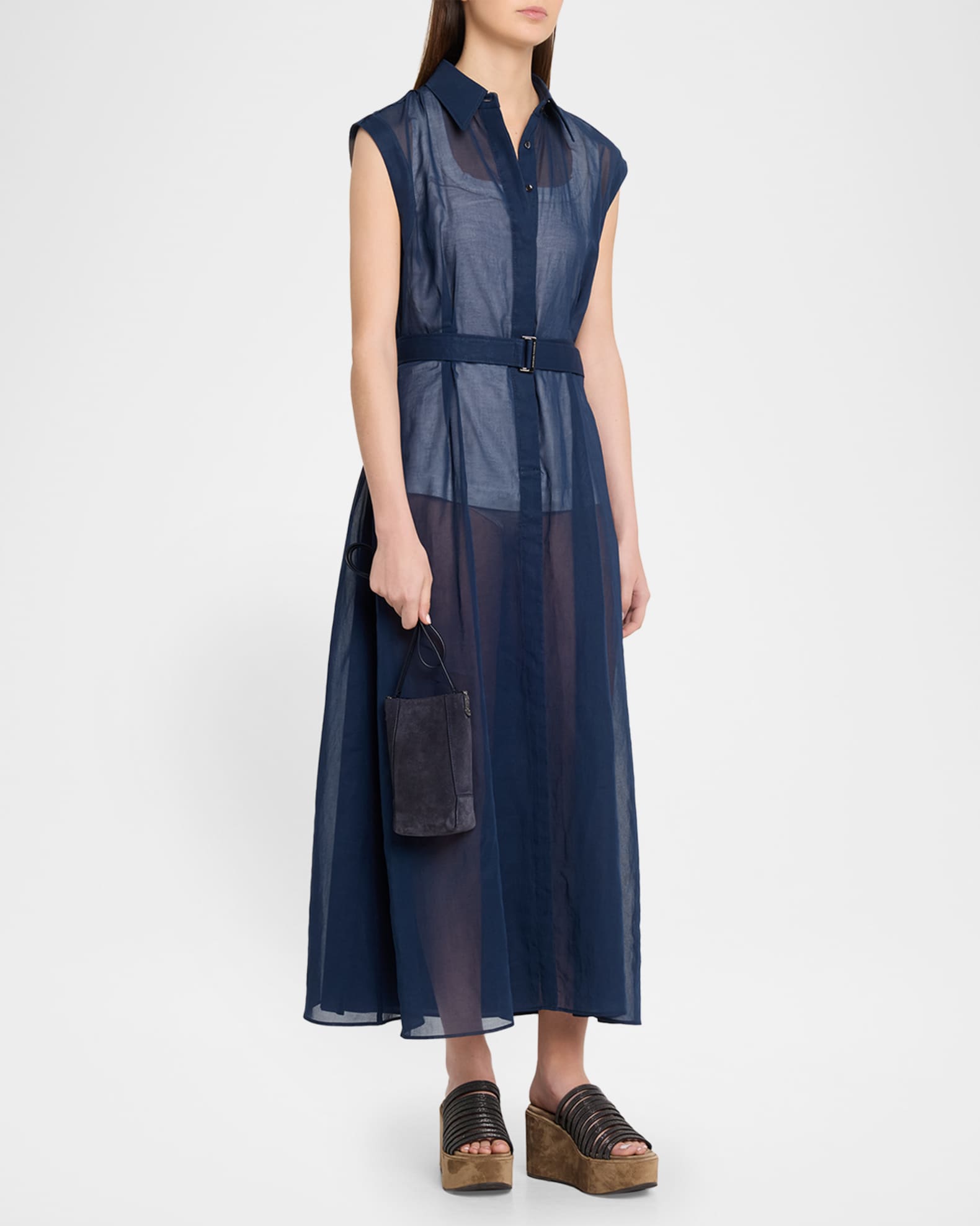 Brunello Cucinelli Sleeveless Sheer Cotton Organza Belted Midi Shirtdress |  Neiman Marcus