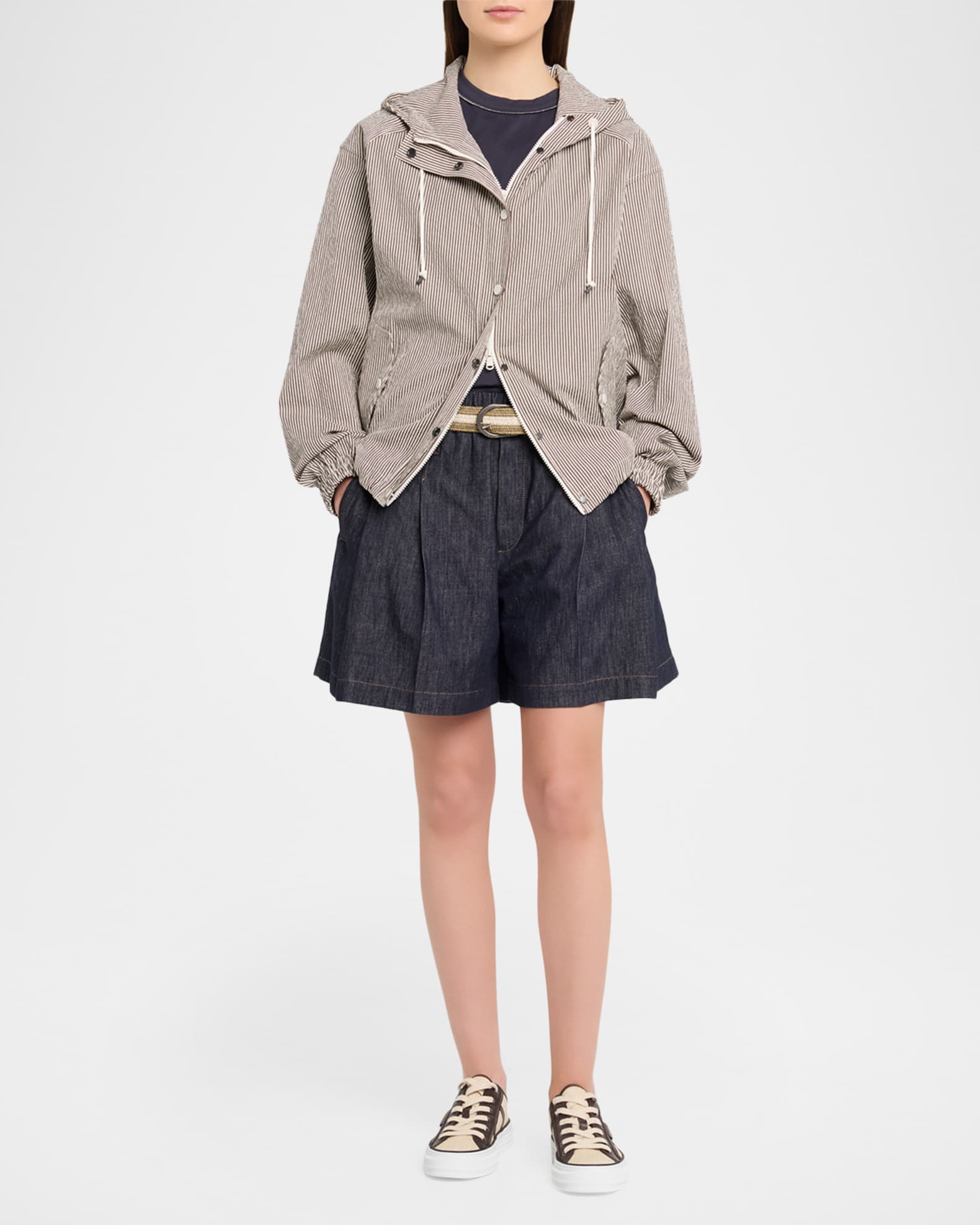 Brunello Cucinelli Cotton Seersucker Hooded Jacket | Neiman Marcus