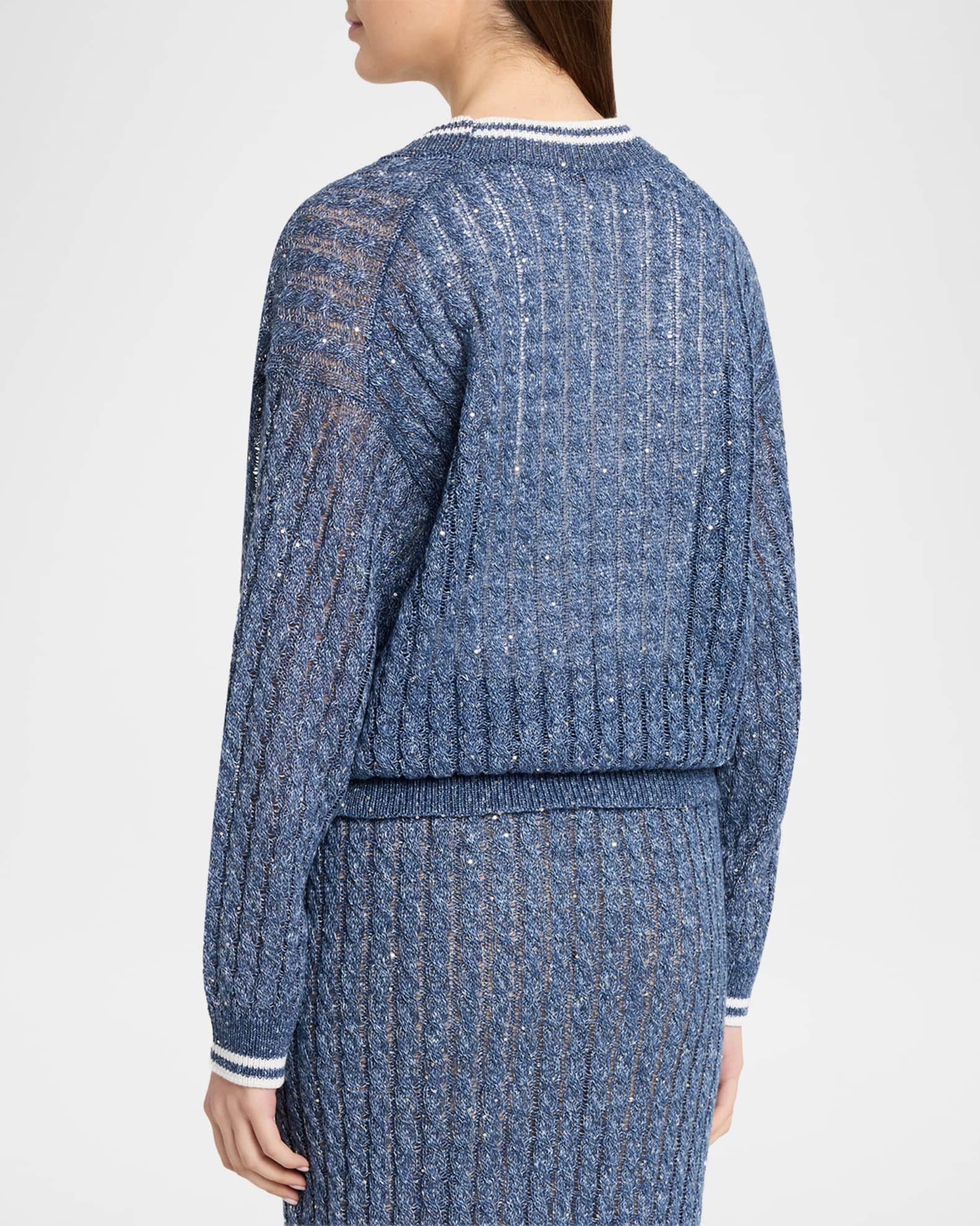 Brunello Cucinelli Linen Dazzling Cable Open-Knit V-Neck Cardigan