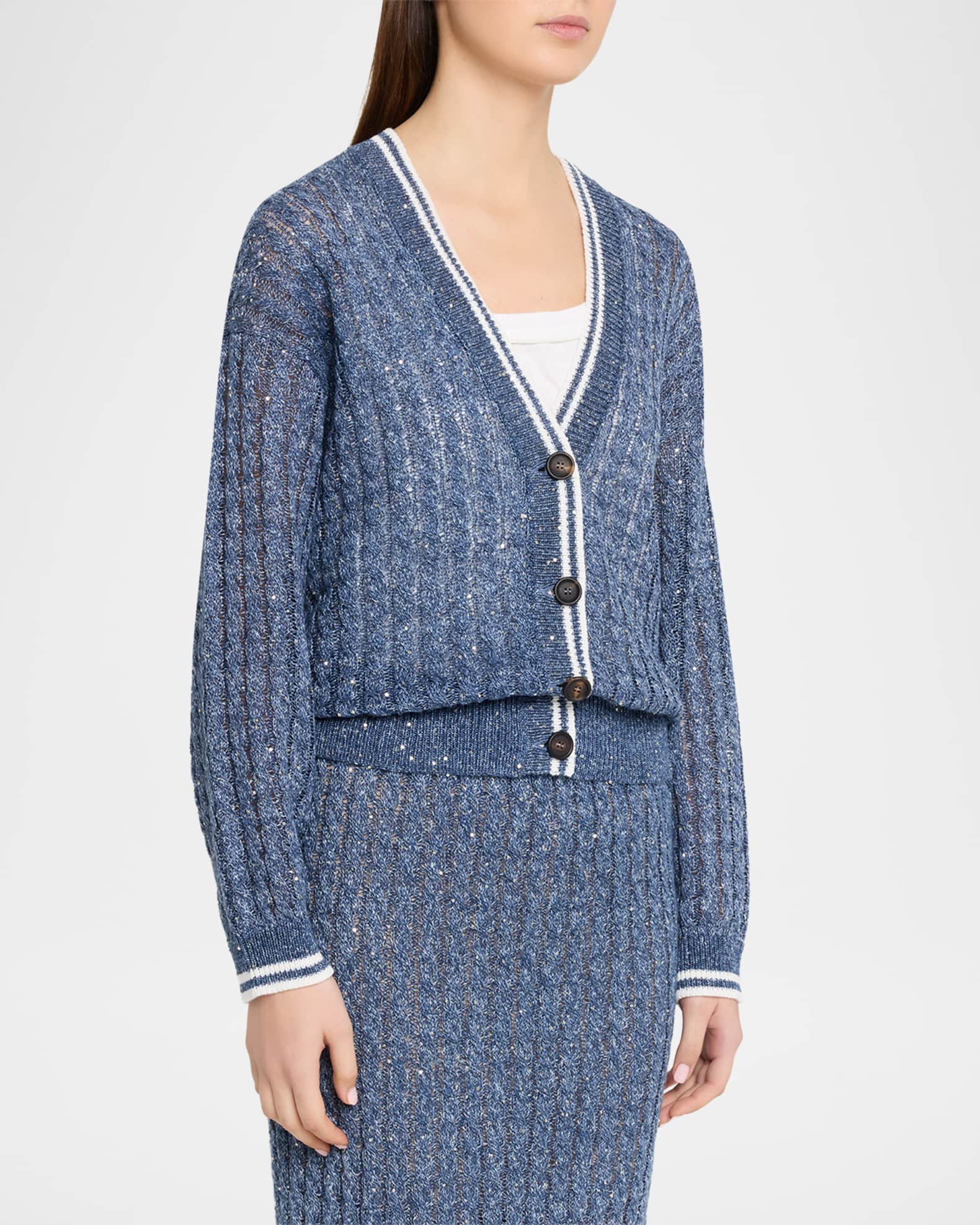 Brunello Cucinelli Linen Dazzling Cable Open-Knit V-Neck Cardigan