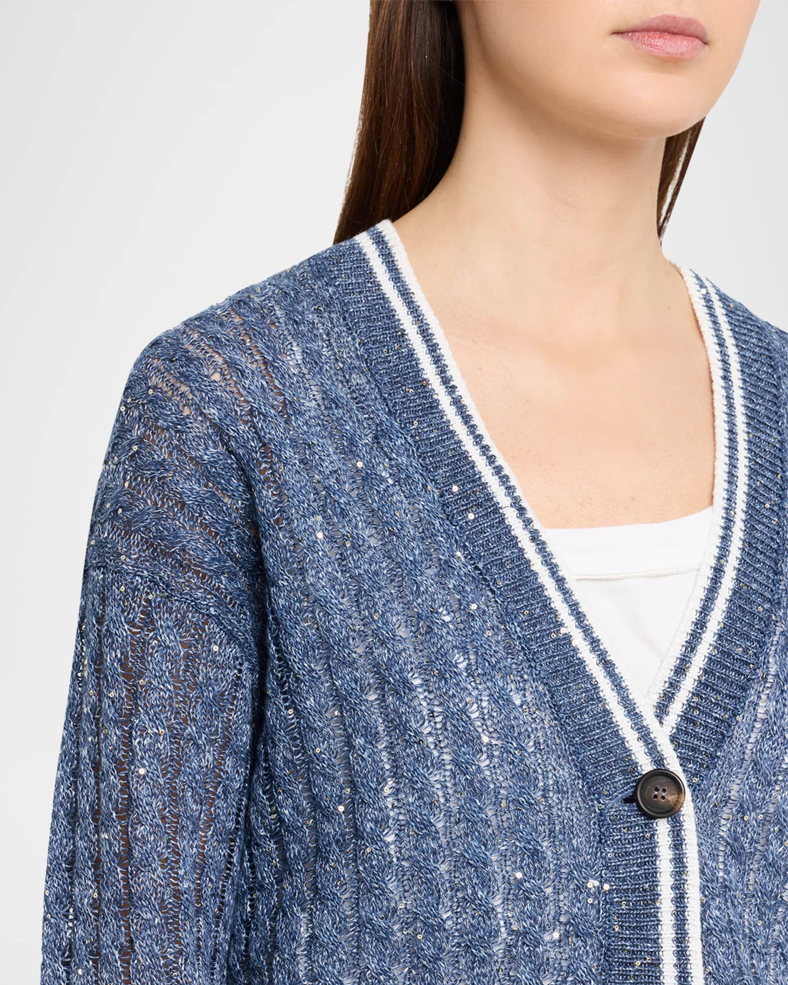 Brunello Cucinelli Linen Dazzling Cable Open-Knit V-Neck Cardigan
