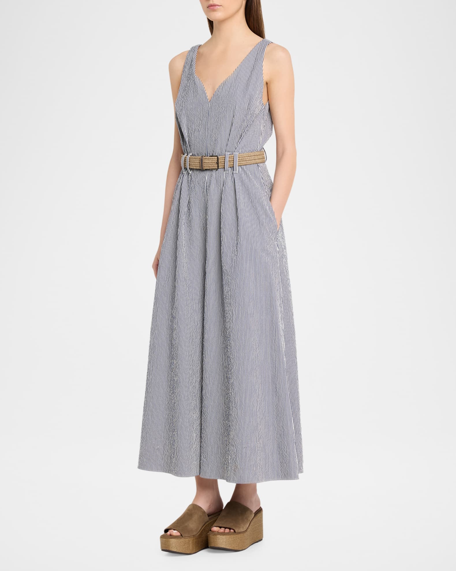 Brunello Cucinelli V-Neck Seersucker Cotton Sleeveless Midi Dress