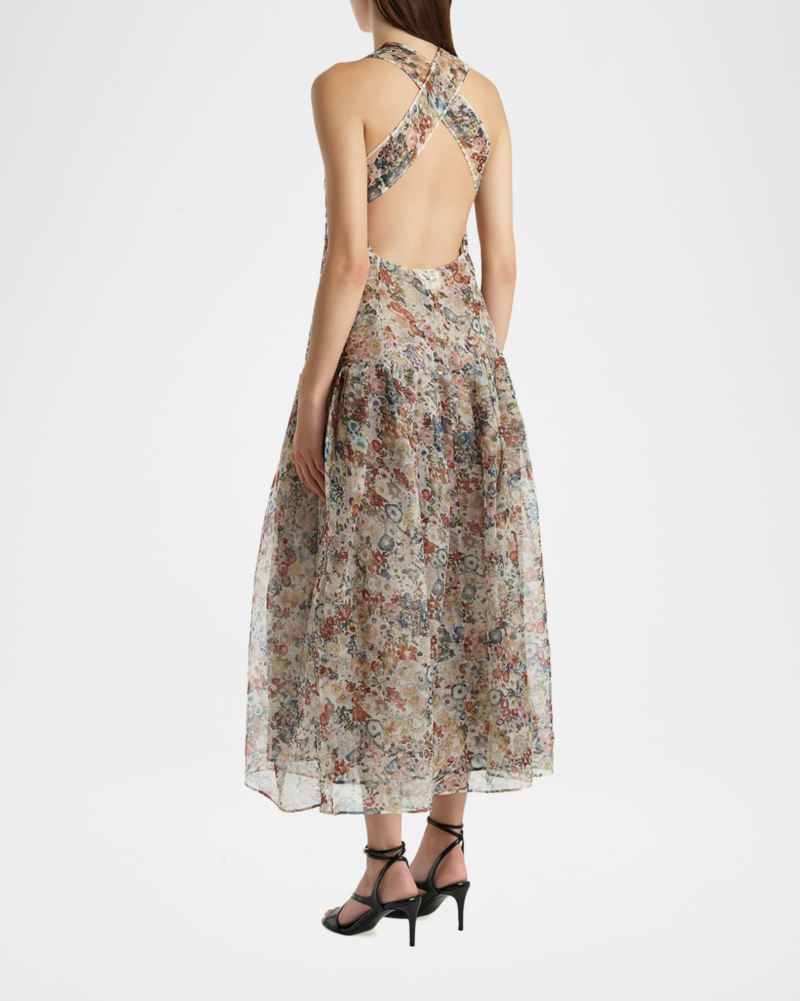 Khaite Amello Floral Silk Organza Backless Tea-Length Dress