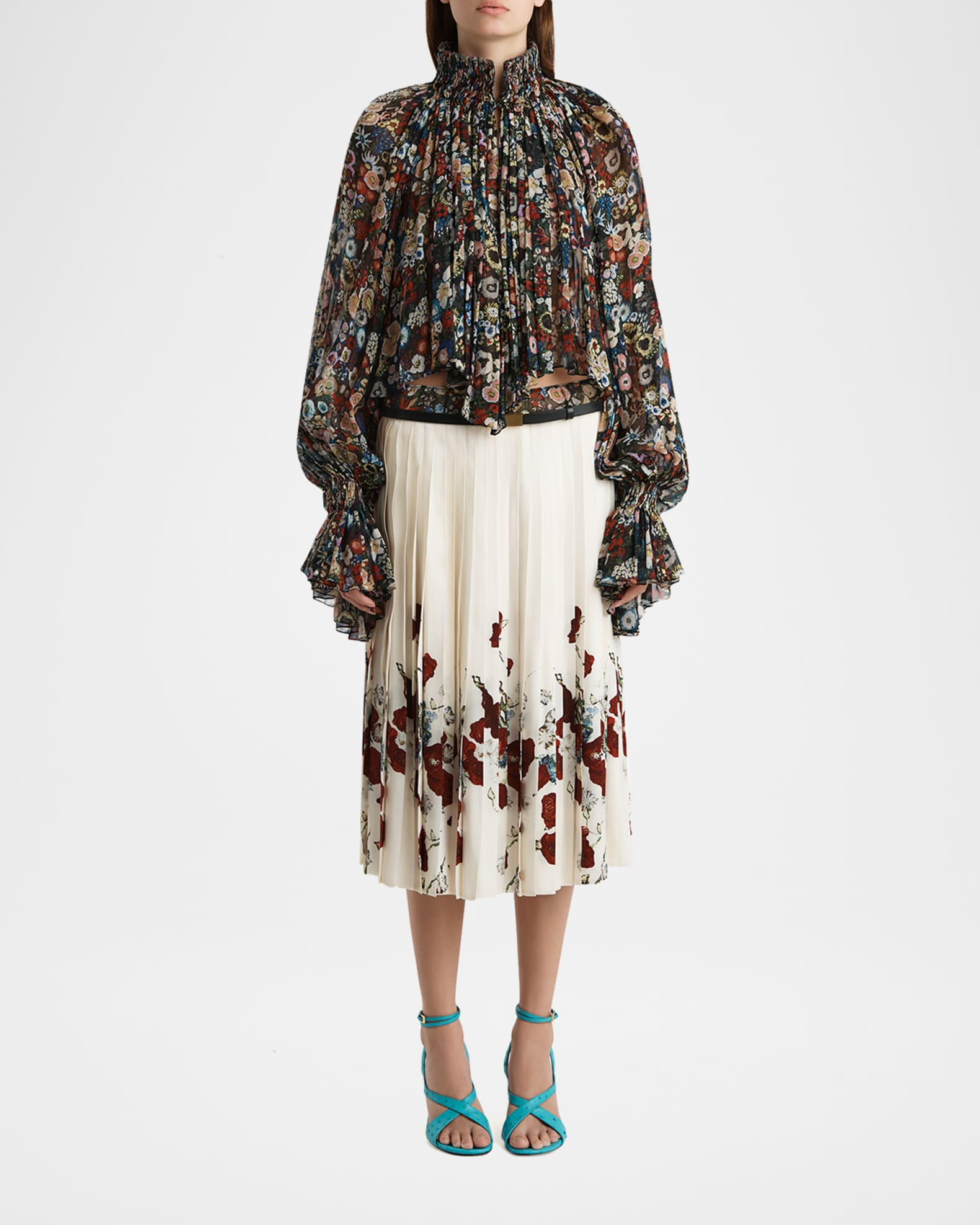 Khaite Durer Floral Silk Balloon-Sleeve Peasant Top | Neiman Marcus