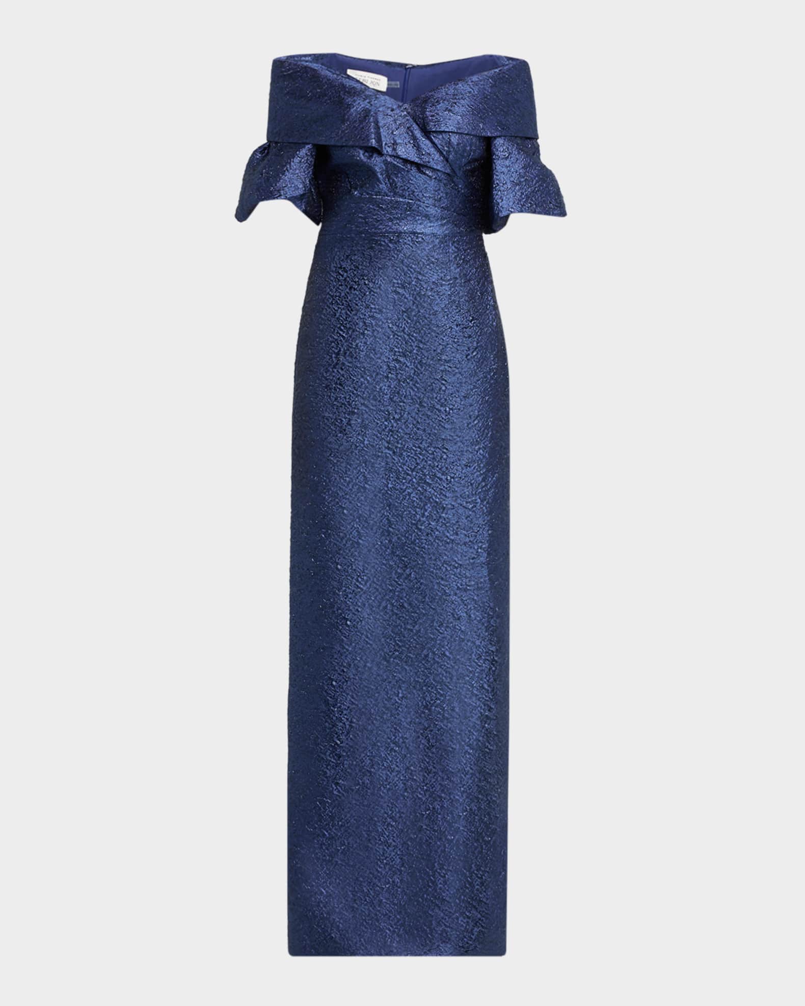 Rickie Freeman for Teri Jon Off-Shoulder Jacquard Column Gown