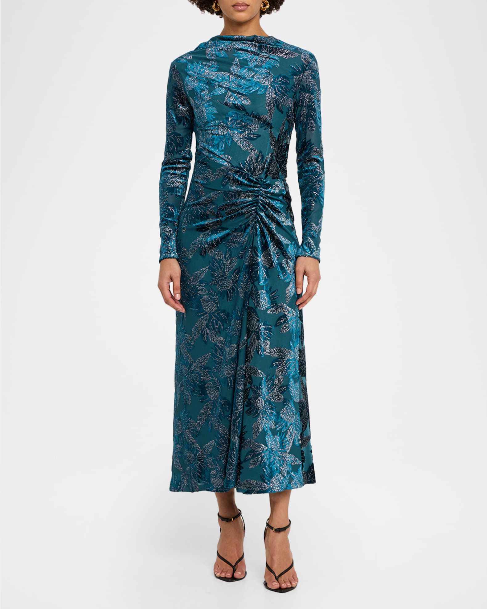 SIMKHAI Ferrera Long-Sleeve Floral Velvet Midi Dress | Neiman Marcus