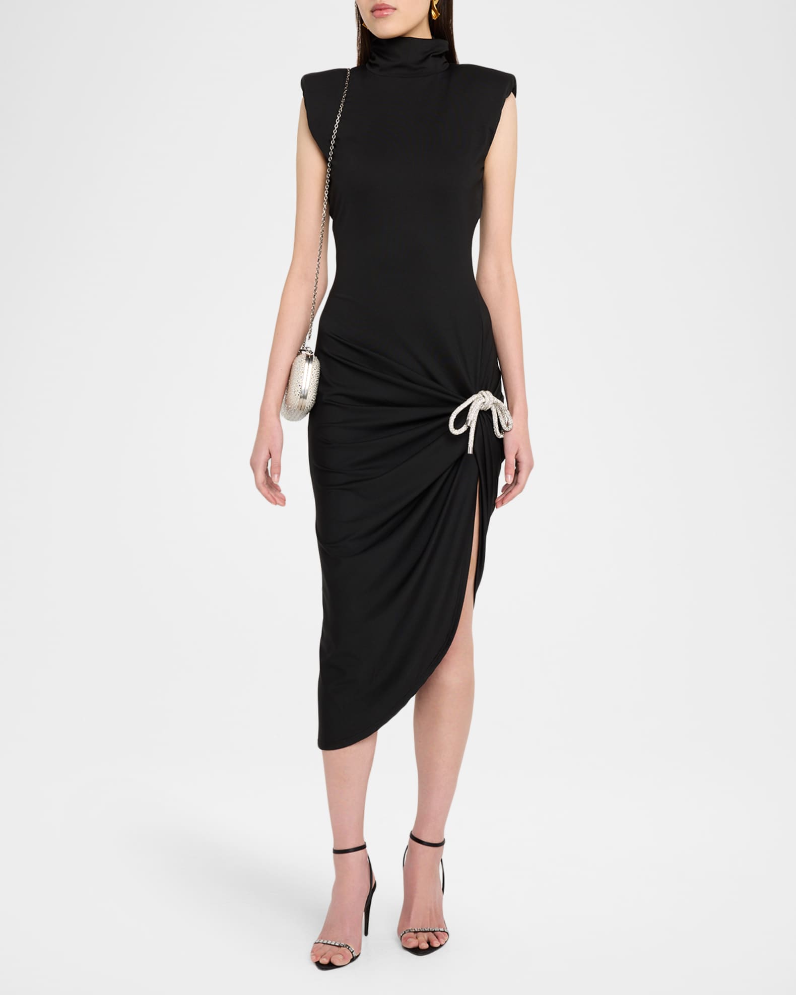 Area Crystal Knot Draped Midi Dress, Black, Women's, XS, Cocktail & Party Wedding Guest Dresses Midi Dresses