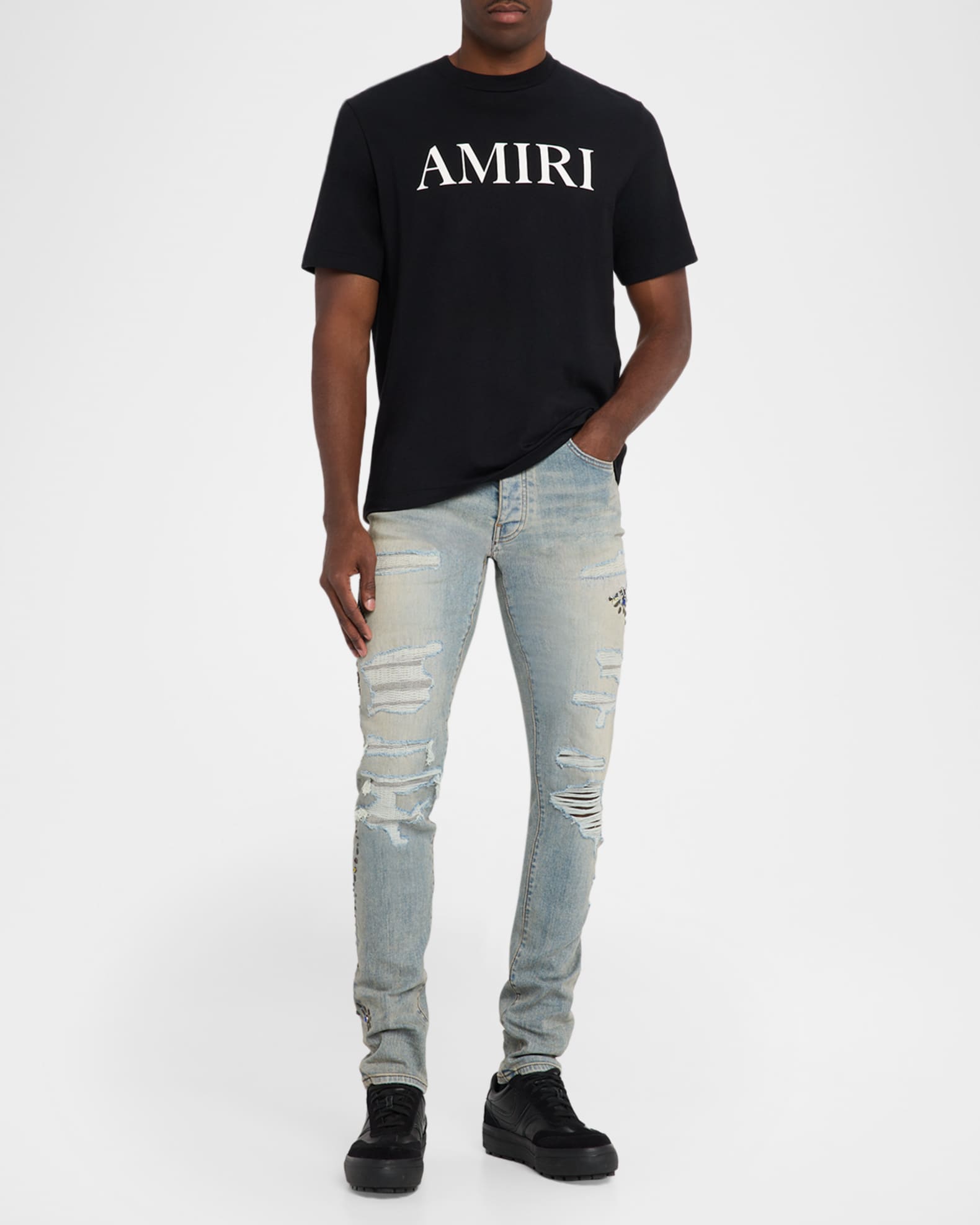 Amiri Men's Floral Studded Denim Skinny Jeans | Neiman Marcus
