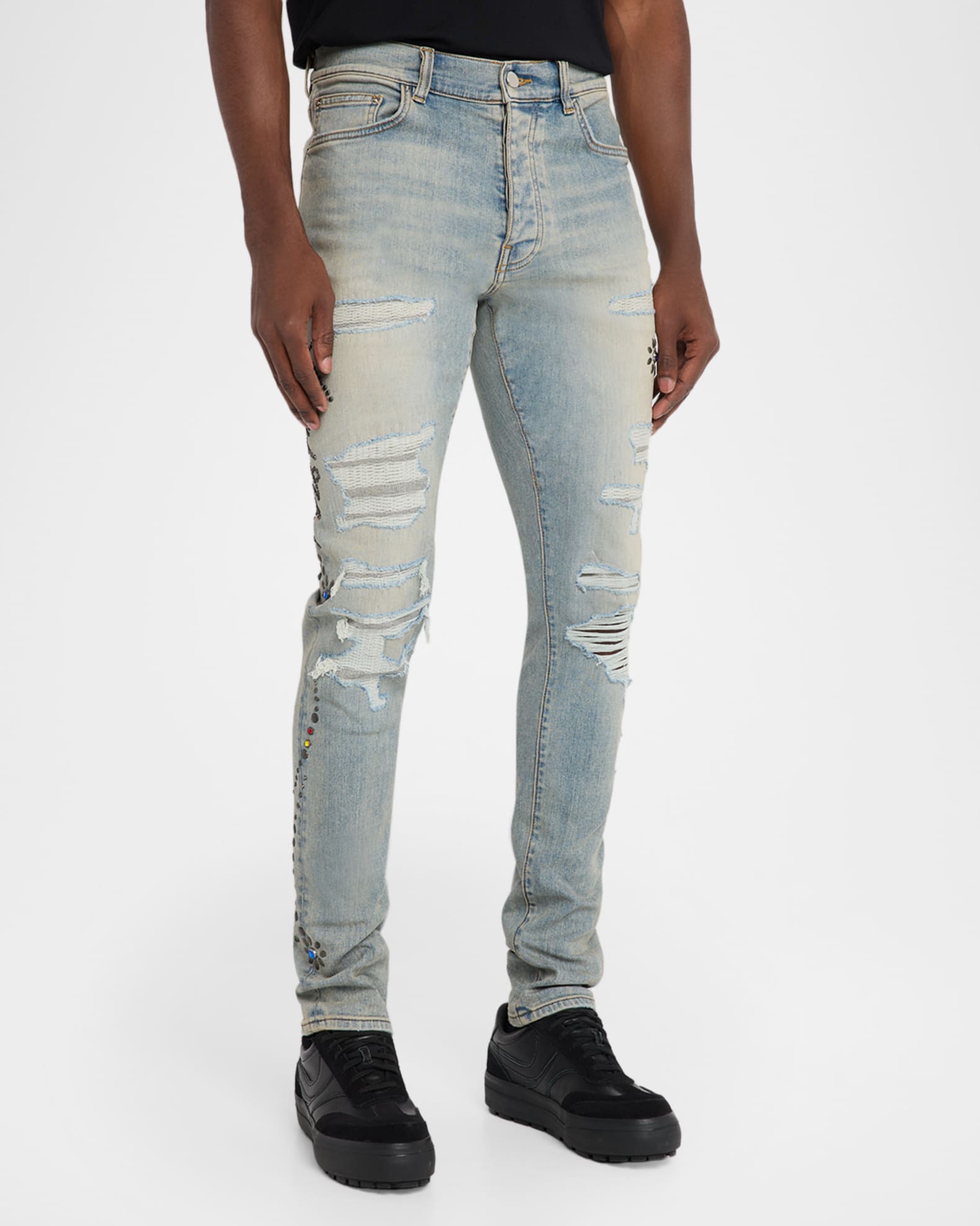 Amiri Men's Floral Studded Denim Skinny Jeans | Neiman Marcus