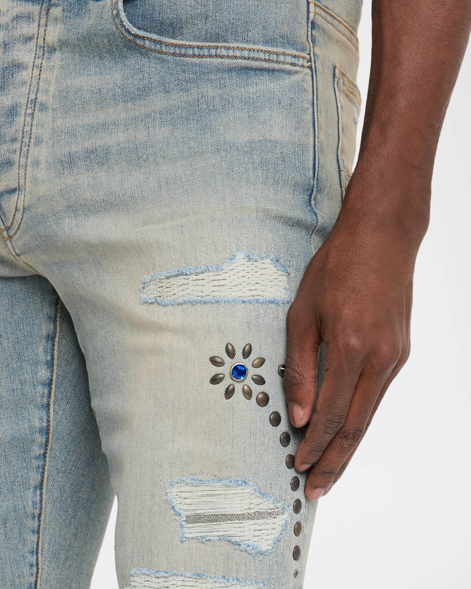 Amiri Men's Floral Studded Denim Skinny Jeans | Neiman Marcus