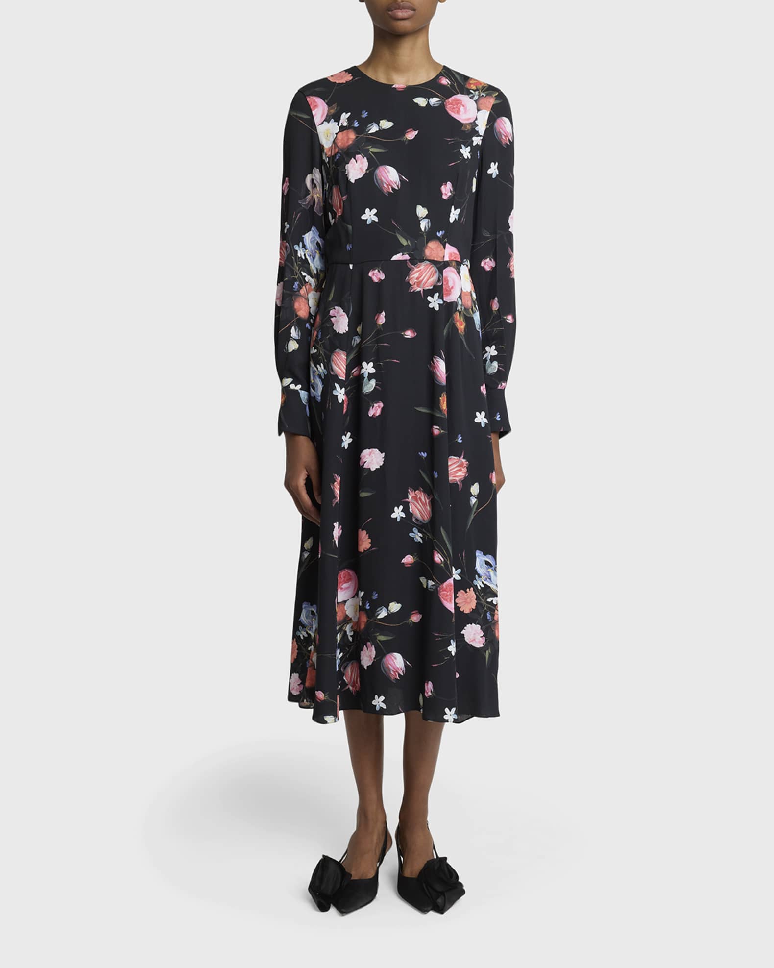 knee length dresses for ladies Floral Microprint Long Sleeve Midi Dress M / Black main image 1